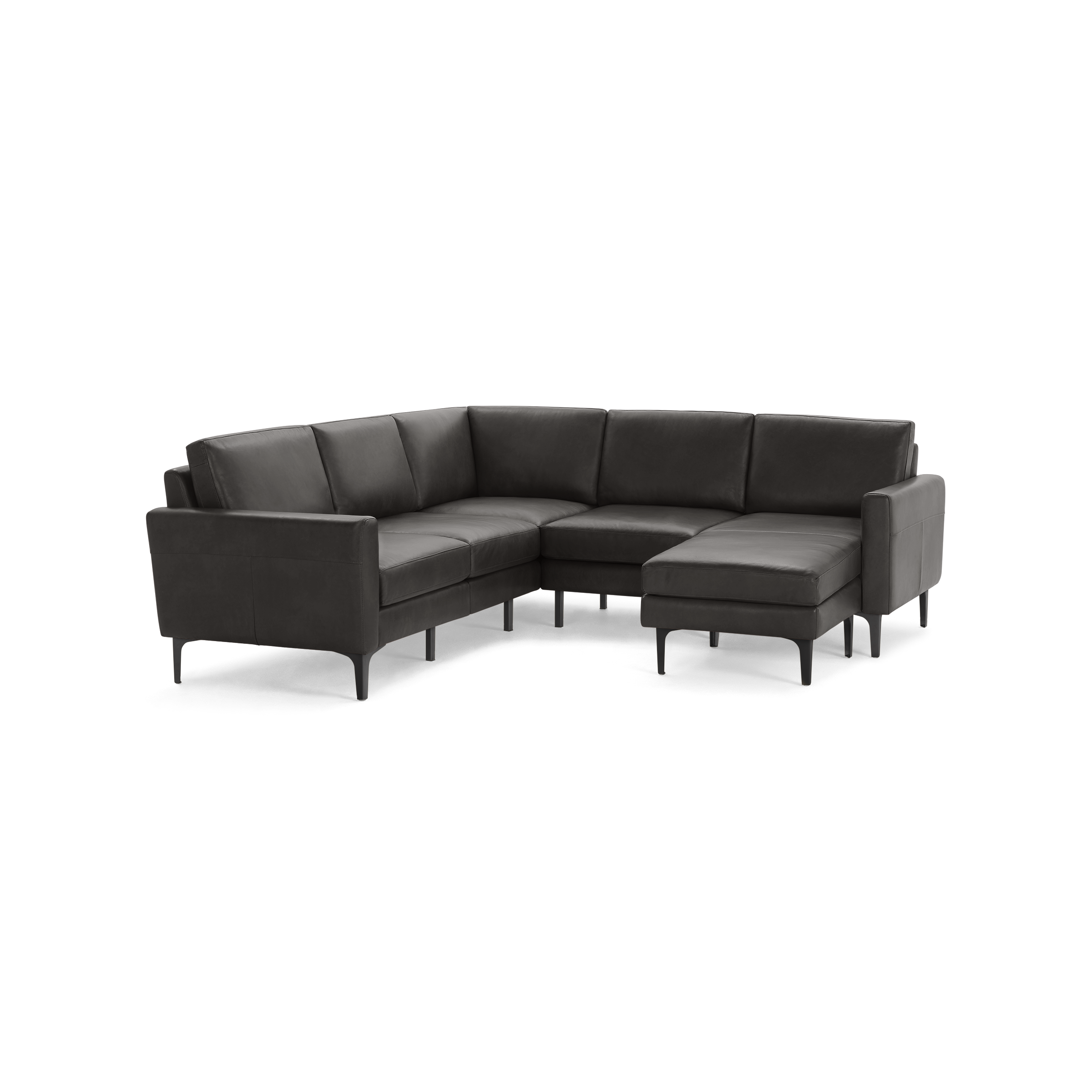 Dark gray L-shaped leather sectional sofa with clean lines and slim black legs, offering modern and comfortable seating.