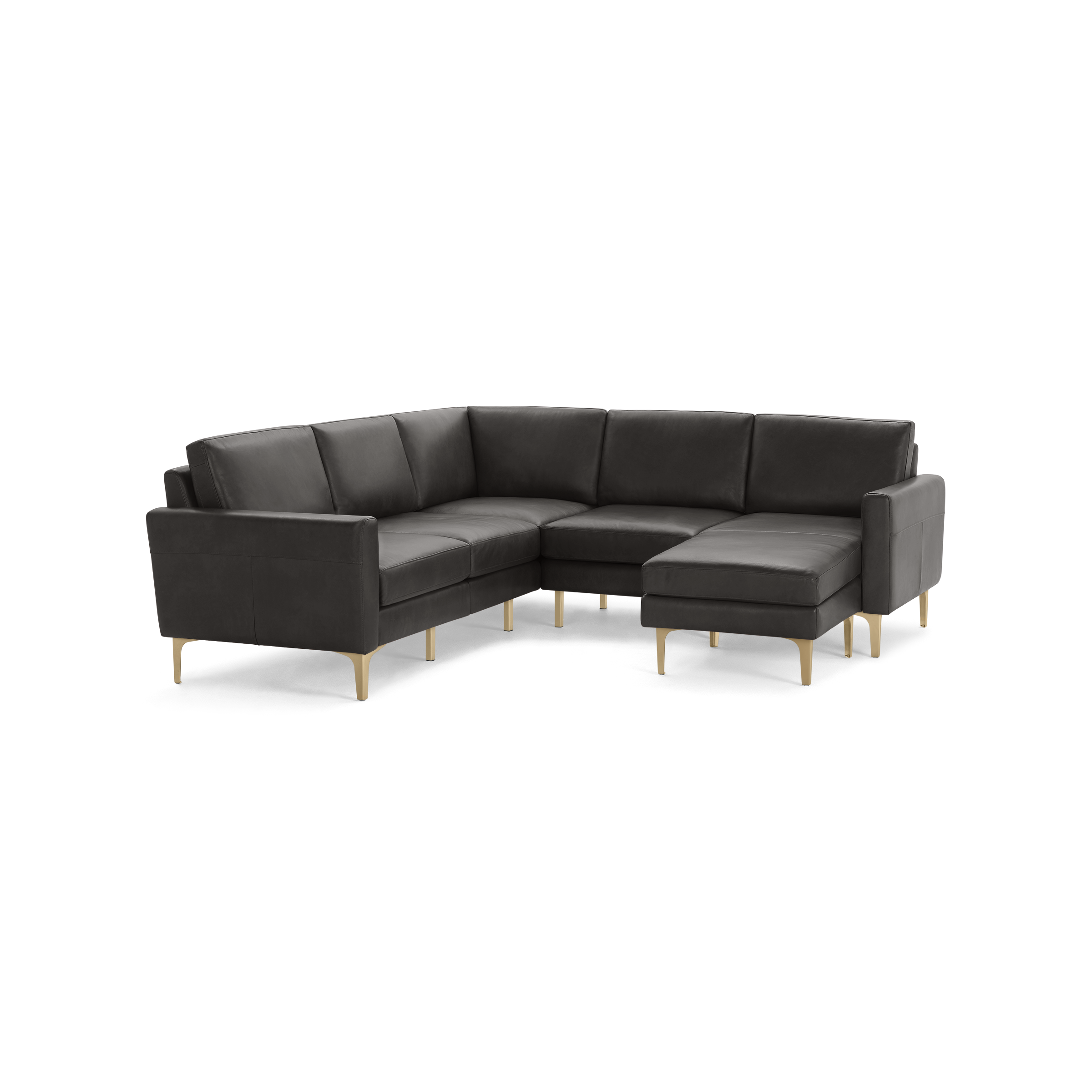 Modern dark gray leather L-shaped sectional sofa with chaise, featuring slim, light wood legs and clean lines.