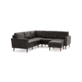 Modern dark gray L-shaped sectional sofa with wooden legs and plush cushions, offering comfortable seating for multiple people.