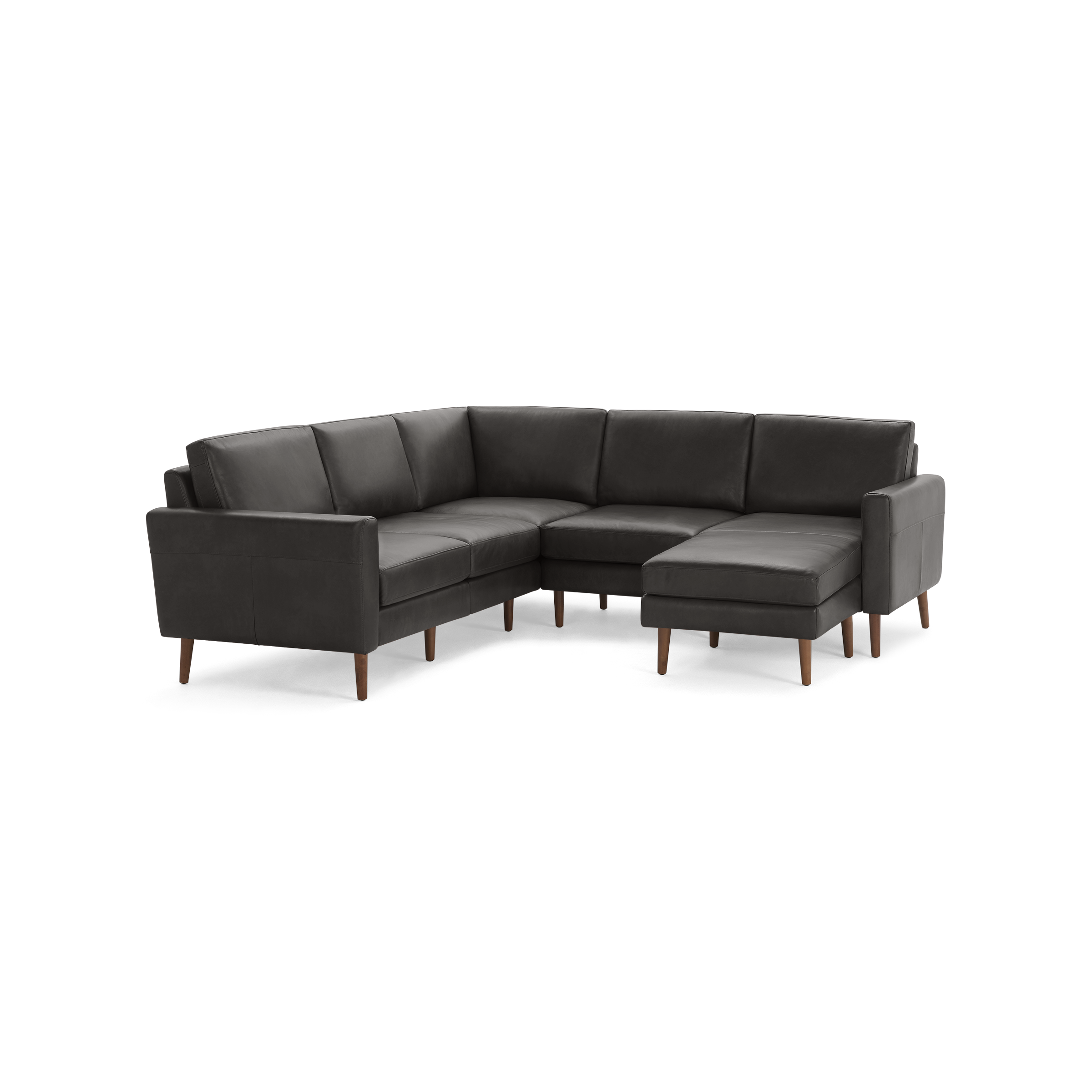 Modern dark gray L-shaped sectional sofa with wooden legs and plush cushions, offering comfortable seating for multiple people.