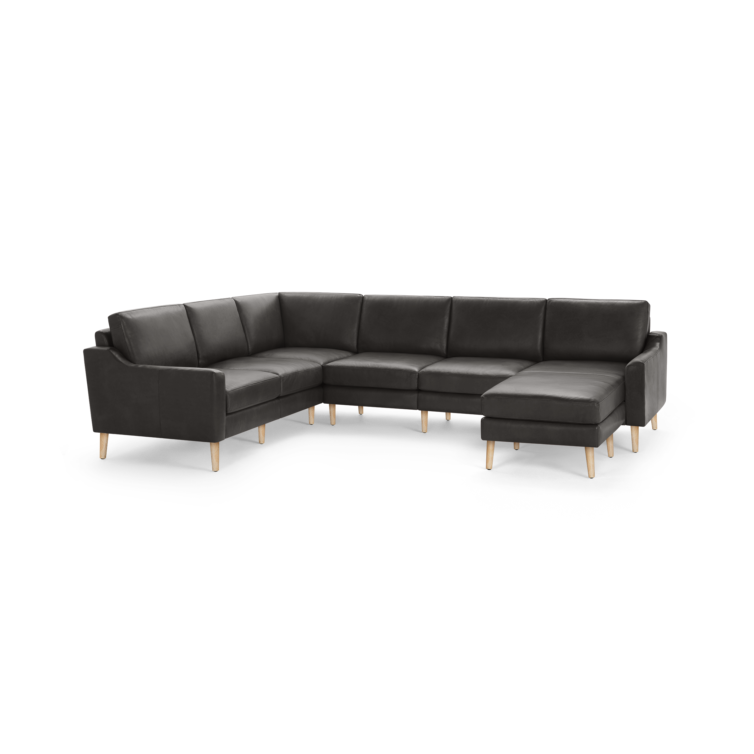 Dark gray modern sectional sofa with wooden legs, featuring a right-side chaise lounge and cushioned backrest.