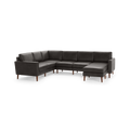 Modern dark gray leather sectional sofa with wooden legs, featuring an L-shaped design and cushioned backrests for comfort.