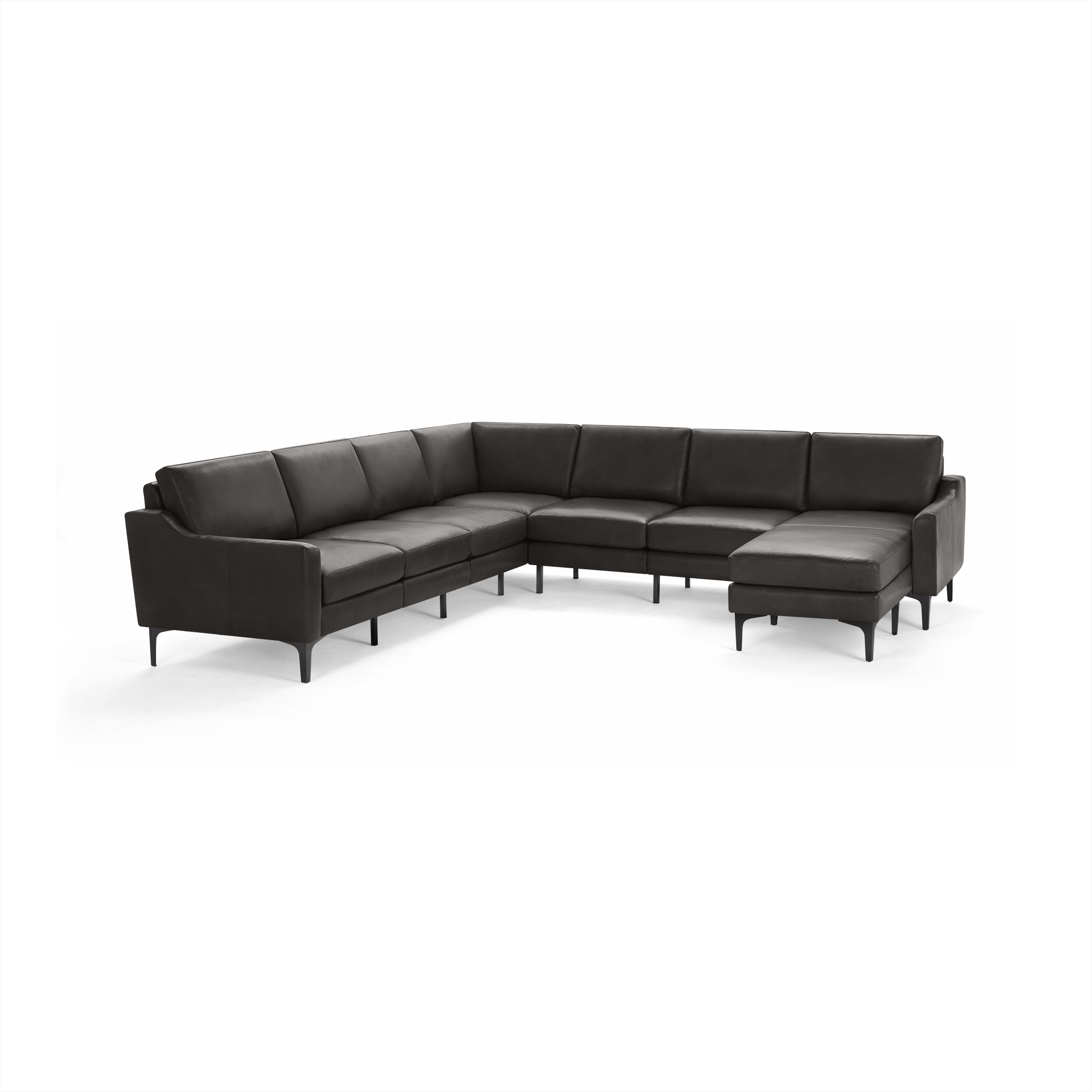 Modern dark gray leather sectional sofa with sleek metal legs and spacious corner design for comfortable seating.