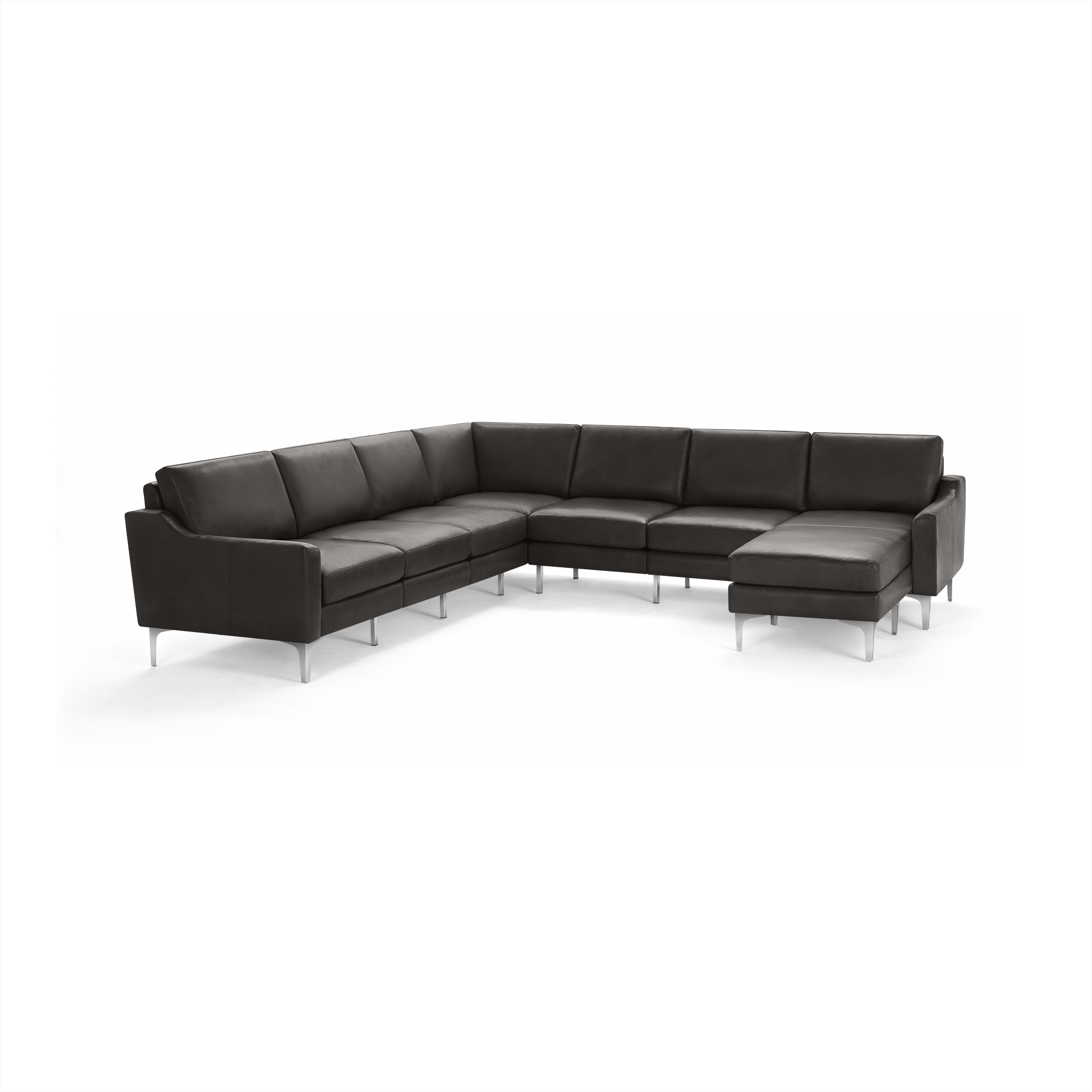 Dark gray modern L-shaped sectional sofa with sleek metal legs and cushioned seats and backrests.