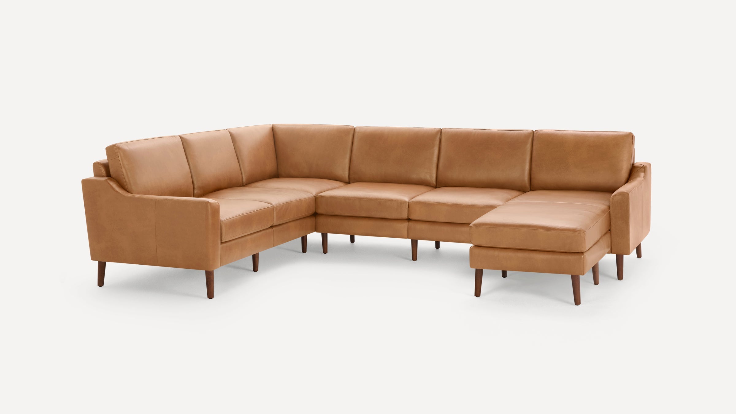 Nomad Plus Leather 6-Seat Corner Sectional with Chaise - Camel - Top Grain Leather / Walnut - Wood / Slope Arm