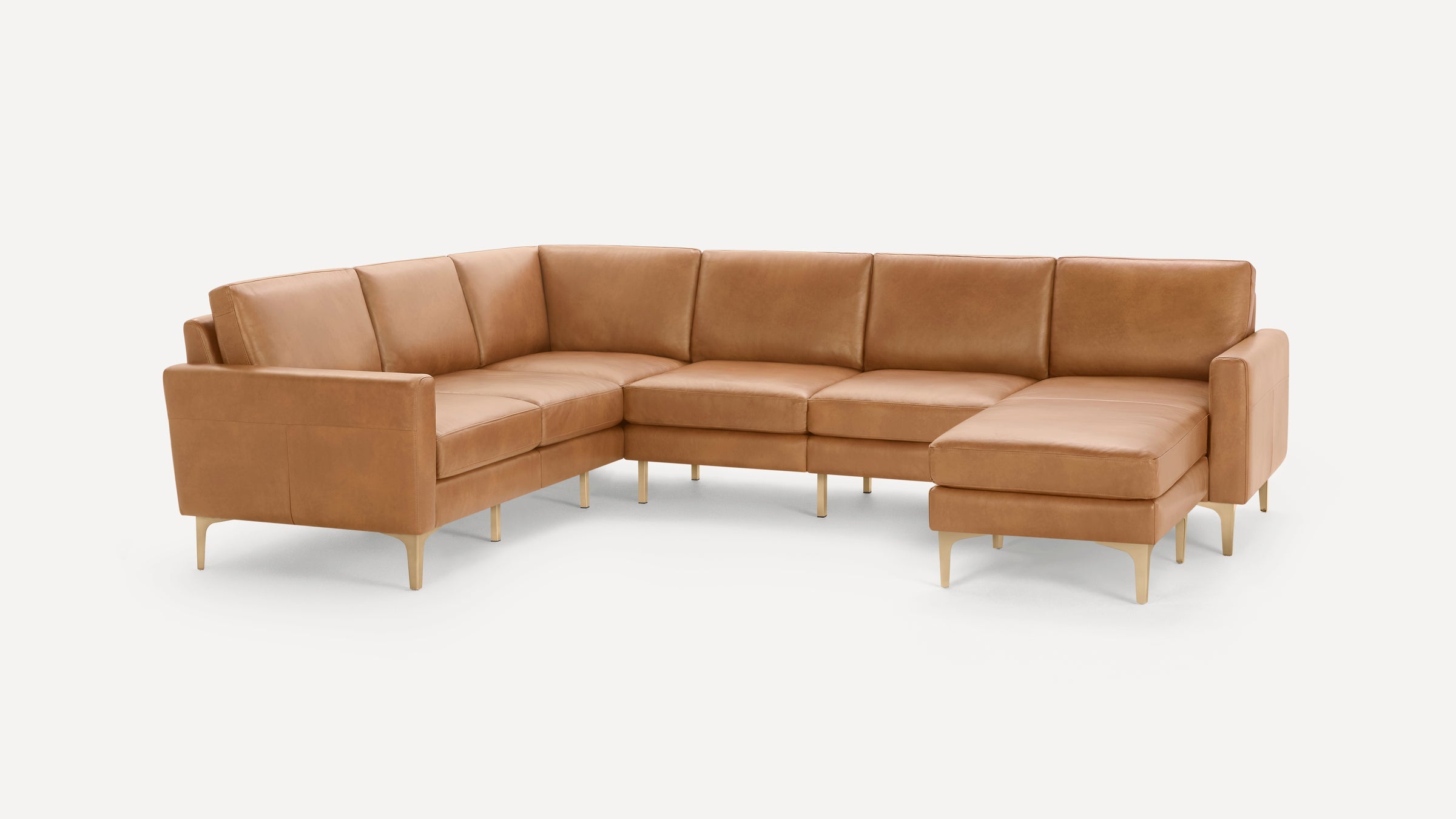 Nomad Plus Leather 6-Seat Corner Sectional with Chaise - Camel - Top Grain Leather / Brass - Metal / Block Arm