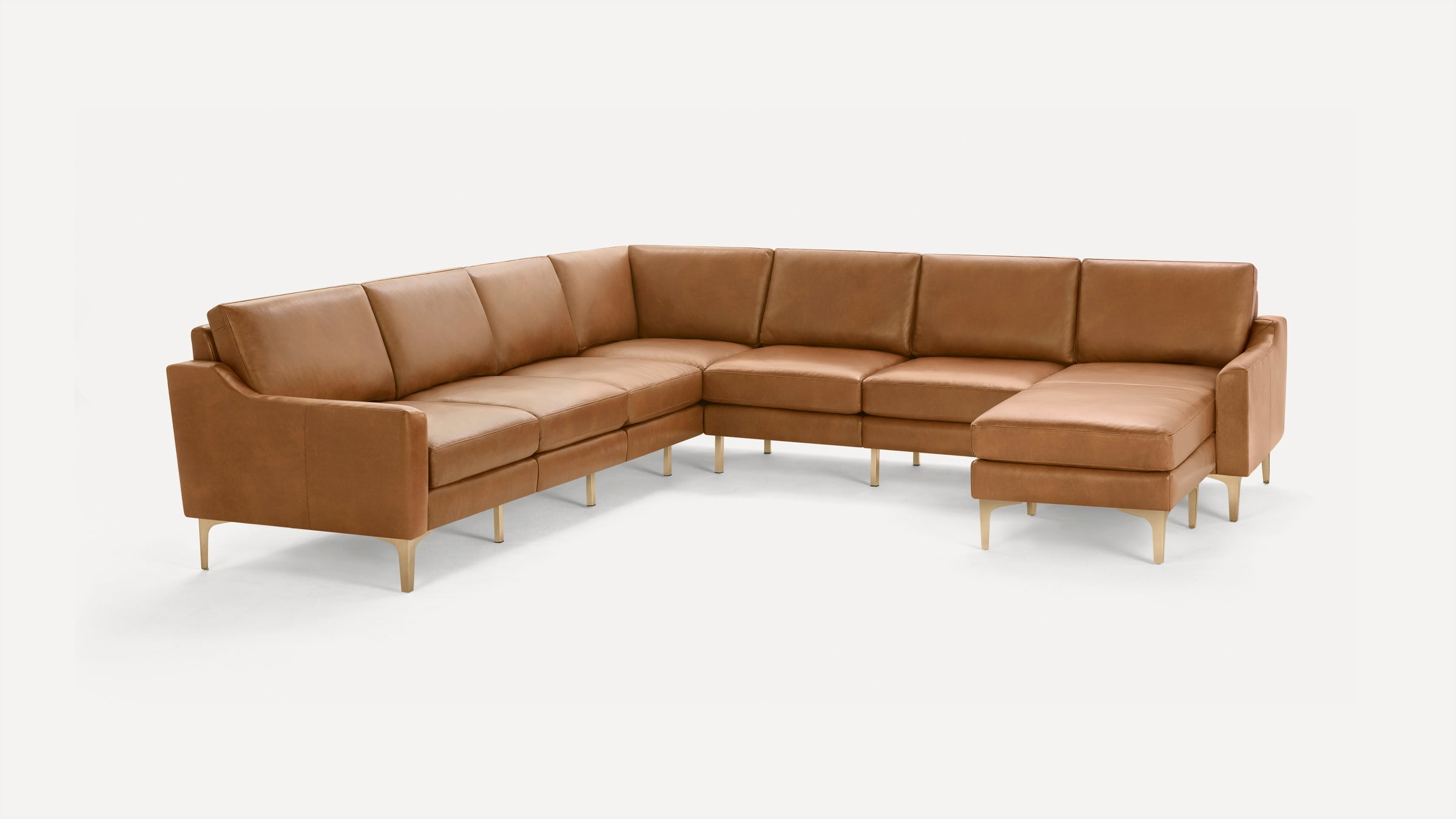 Nomad Plus Leather 7-Seat Corner Sectional with Chaise - Camel - Top Grain Leather / Brass - Metal / Slope Arm