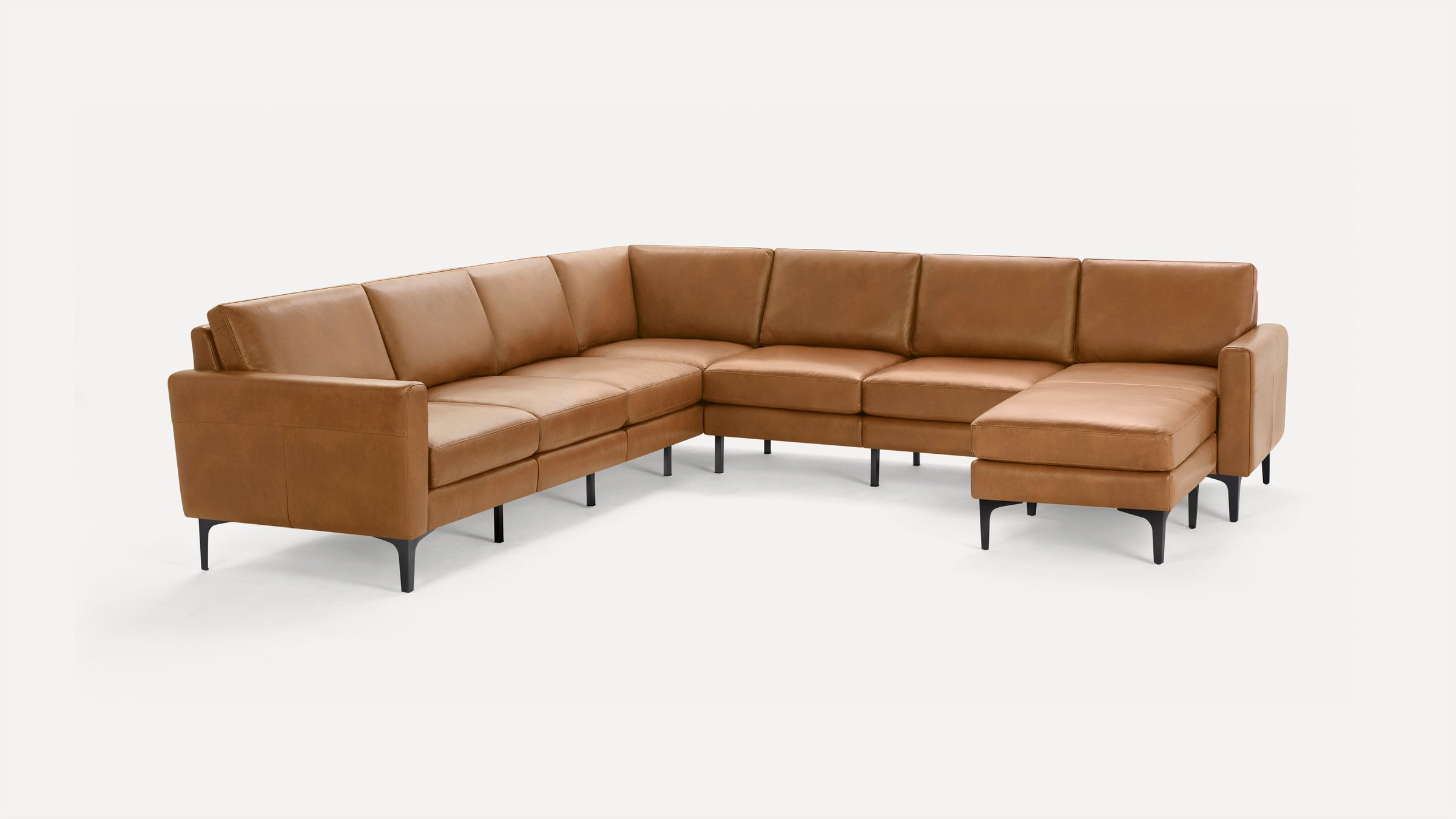 Nomad Plus Leather 7-Seat Corner Sectional with Chaise - Camel - Top Grain Leather / Black - Metal / Block Arm