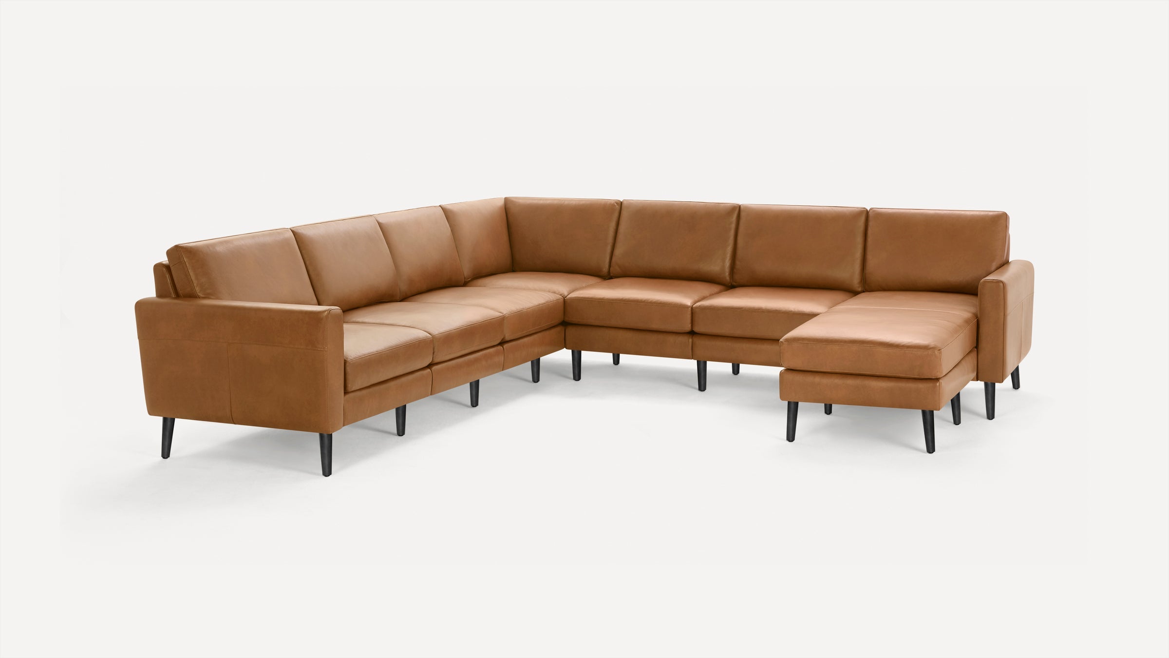 Nomad Plus Leather 7-Seat Corner Sectional with Chaise - Camel - Top Grain Leather / Ebony - Wood / Block Arm
