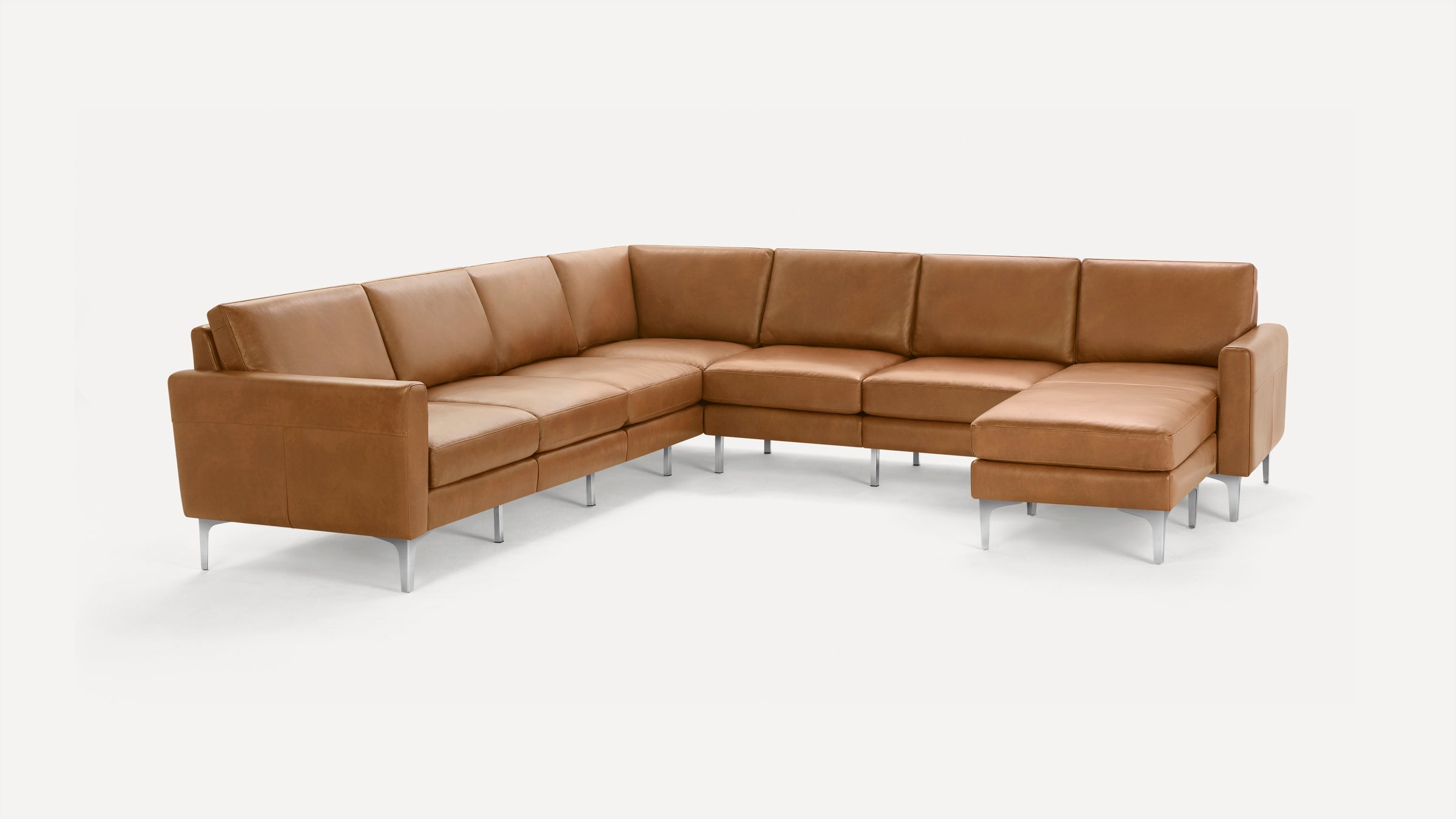 Nomad Plus Leather 7-Seat Corner Sectional with Chaise - Camel - Top Grain Leather / Chrome - Metal / Block Arm