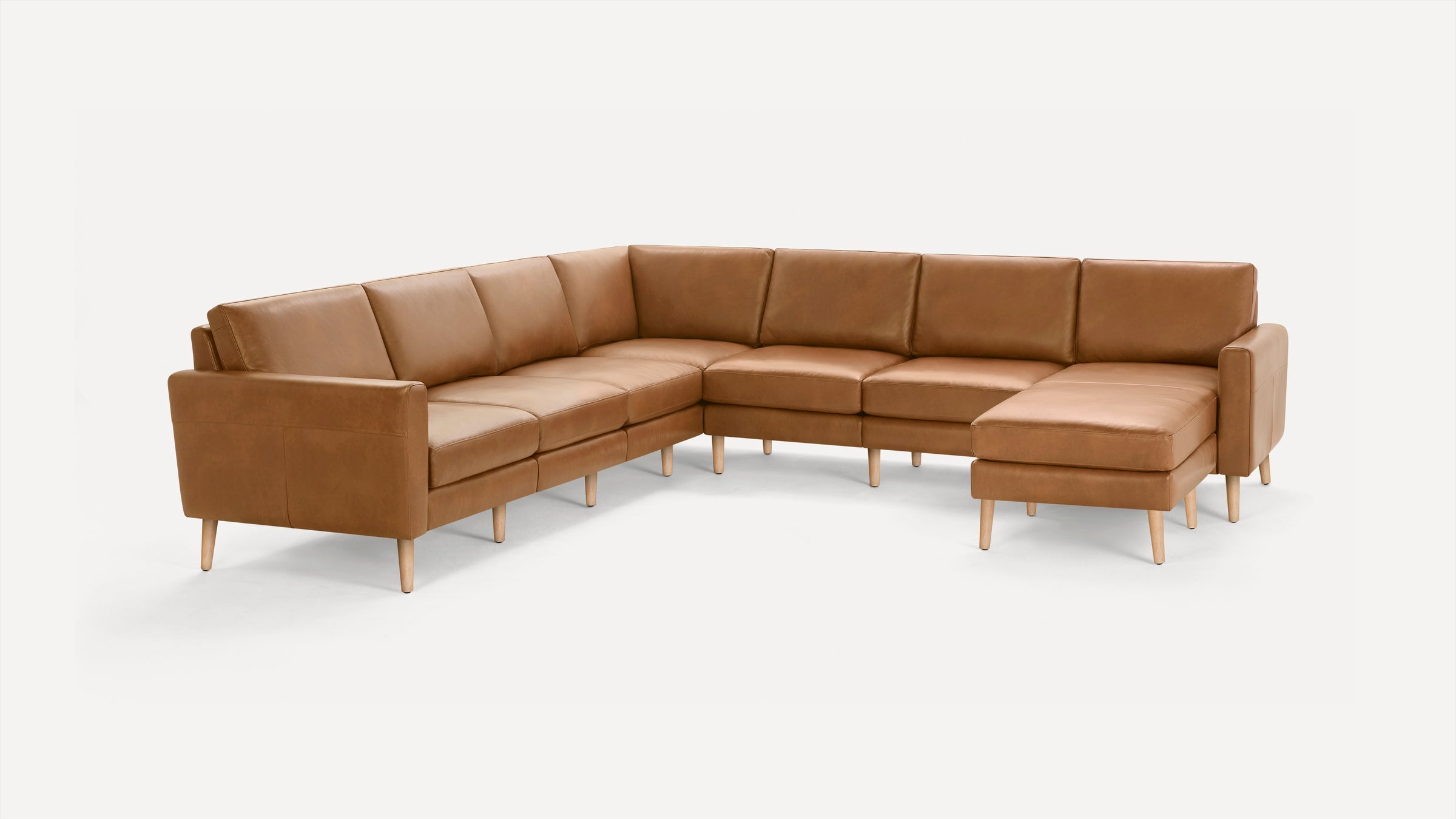 Nomad Plus Leather 7-Seat Corner Sectional with Chaise - Camel - Top Grain Leather / Oak - Wood / Block Arm