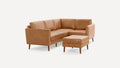 Modern tan leather L-shaped sectional sofa with matching ottoman, featuring clean lines and wooden tapered legs.