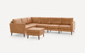 Mid-century modern tan leather sectional sofa with matching ottoman, wooden legs, and clean-lined cushions against a white background.