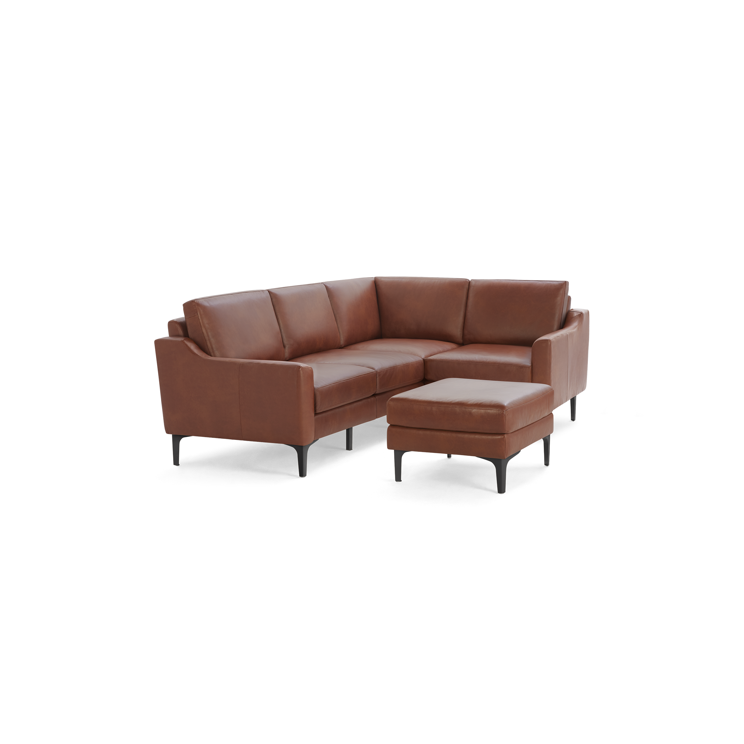 Modern L-shaped sectional sofa in warm brown leather with clean lines, cushioned seats, and matching ottoman on black legs.