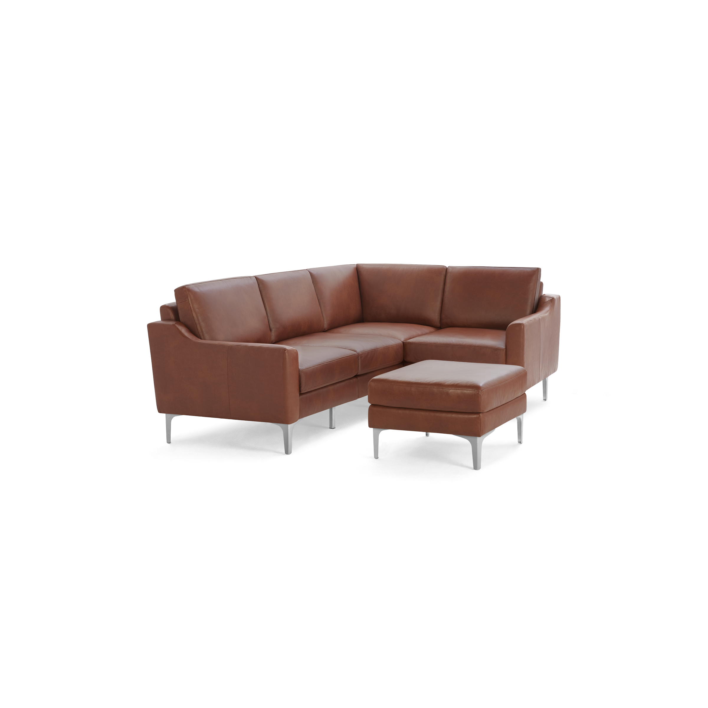 Brown leather L-shaped sectional sofa with matching ottoman, featuring sleek metal legs and modern design.
