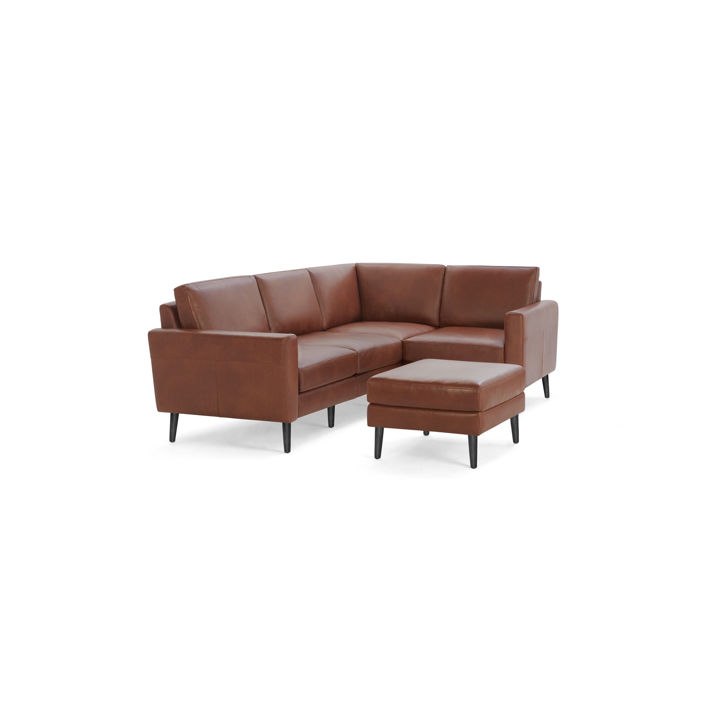 Modern L-shaped sectional sofa in rich brown leather with black tapered legs and matching ottoman.