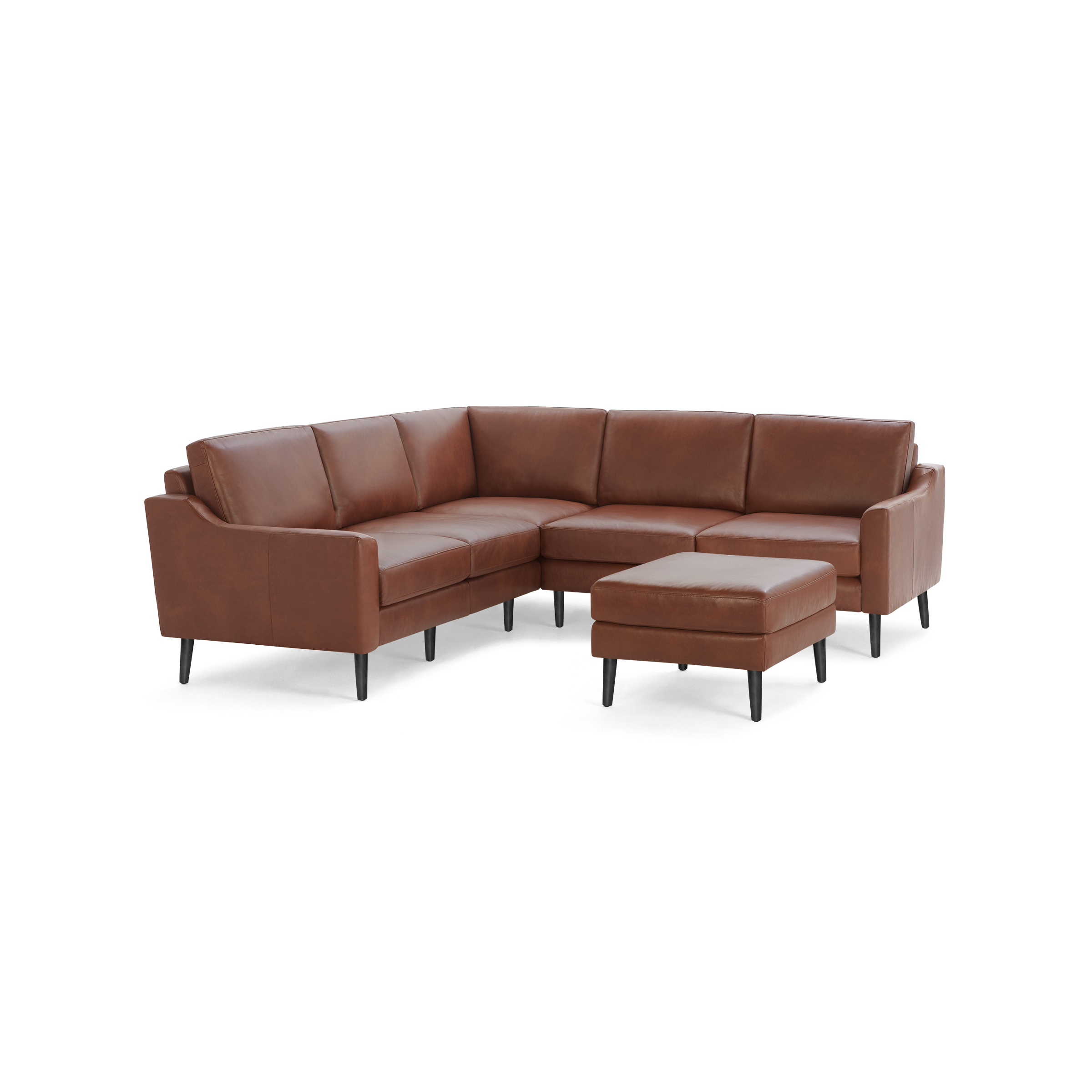 Modern brown leather L-shaped sectional sofa with matching ottoman and black tapered legs, designed for comfort and style.
