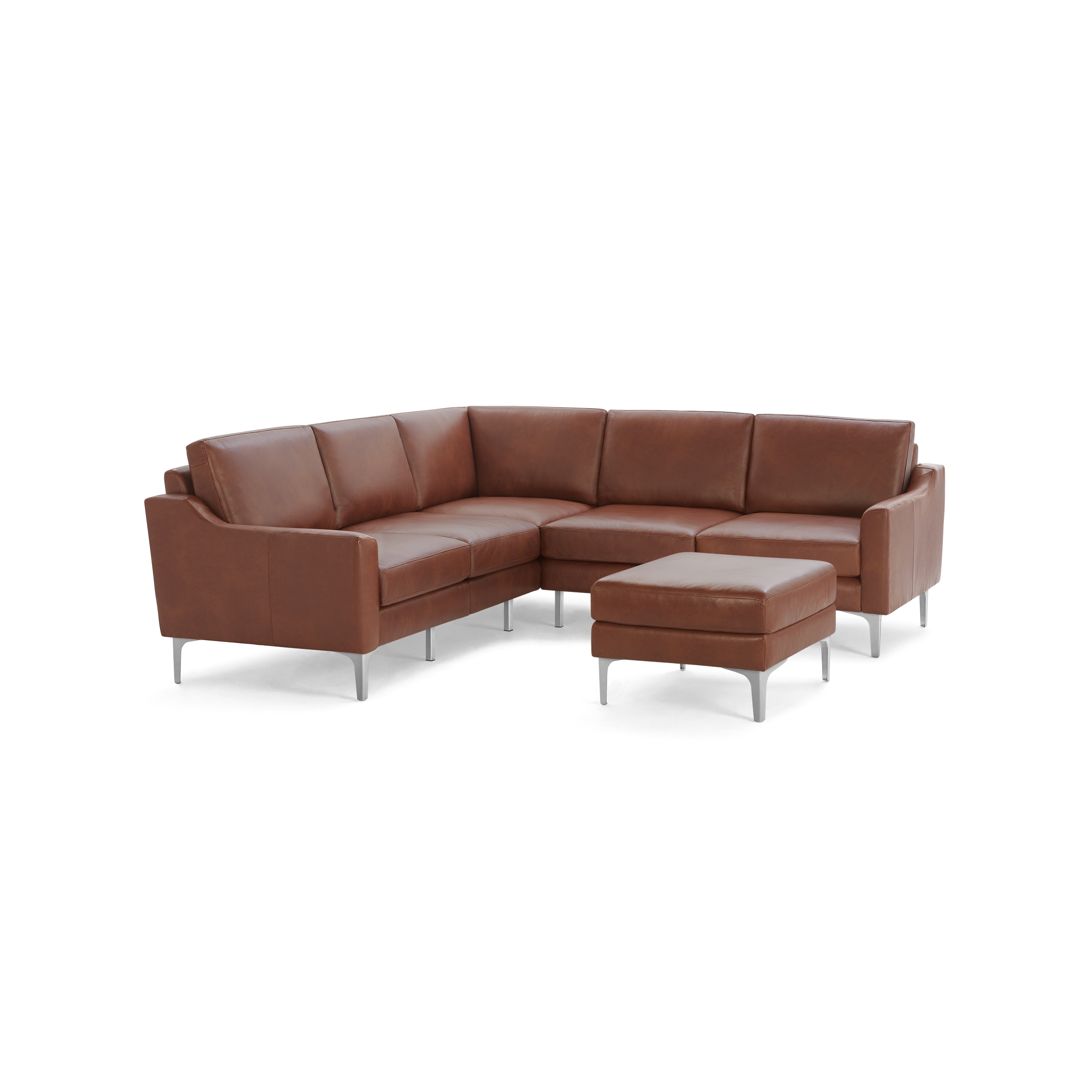 Contemporary brown leather L-shaped sectional sofa with metal legs and matching ottoman, designed for modern living spaces.
