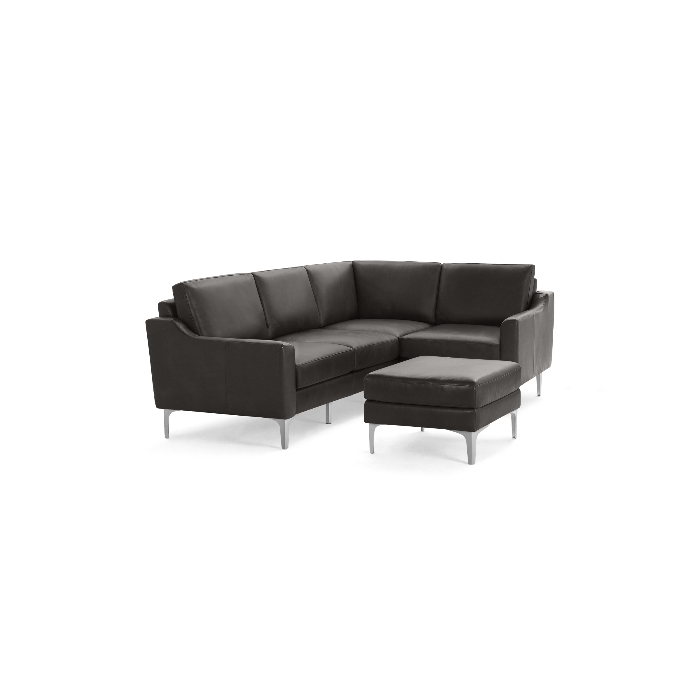 Modern dark gray leather sectional sofa with metal legs and matching ottoman, featuring clean lines and minimalist design.