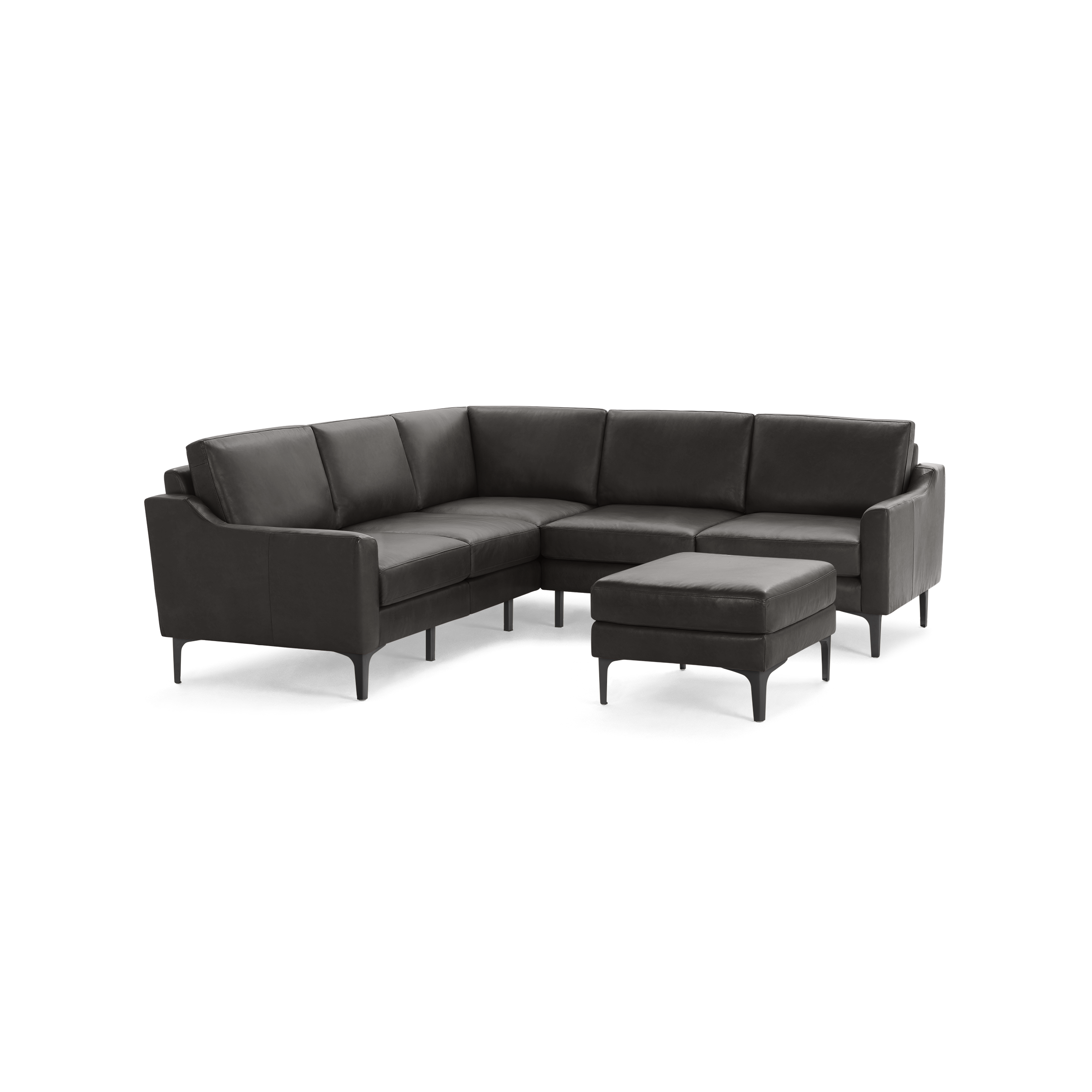 Dark gray modern sectional sofa with clean lines and a matching ottoman, supported by slim legs.