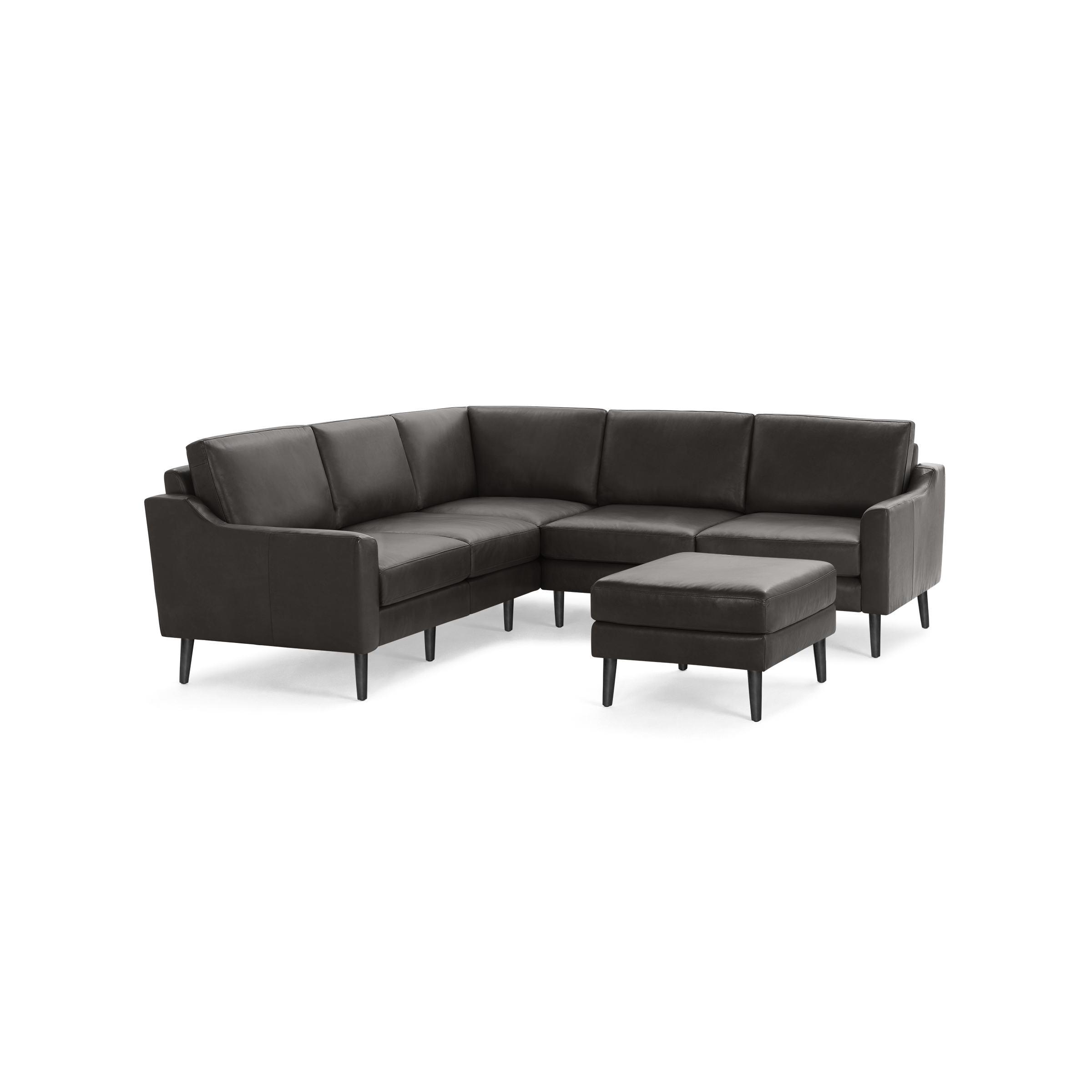 Modern dark gray L-shaped sectional sofa with clean lines and matching ottoman on black tapered legs.
