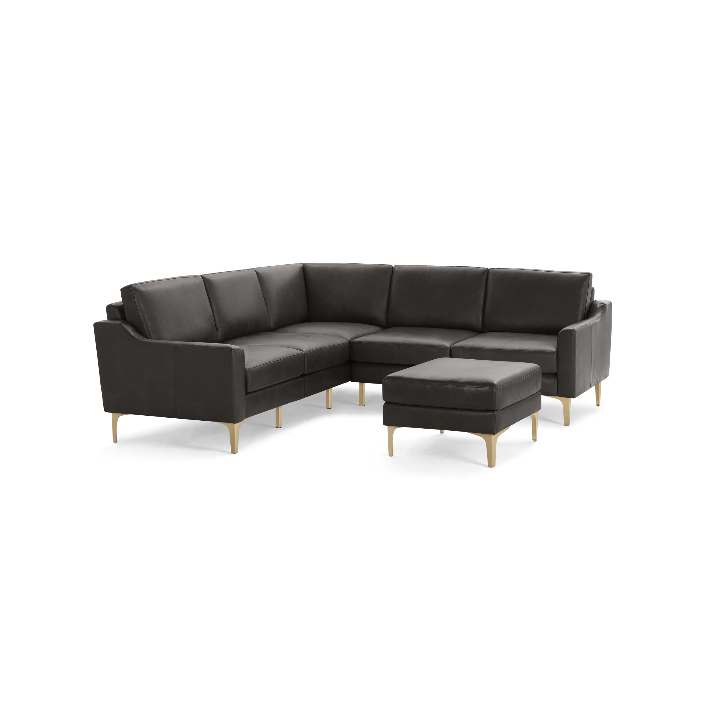 Dark gray leather L-shaped sectional sofa with matching ottoman and slender light wooden legs, modern design.