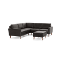 Dark gray L-shaped sectional sofa with wooden legs and matching ottoman, featuring clean lines and modern design.