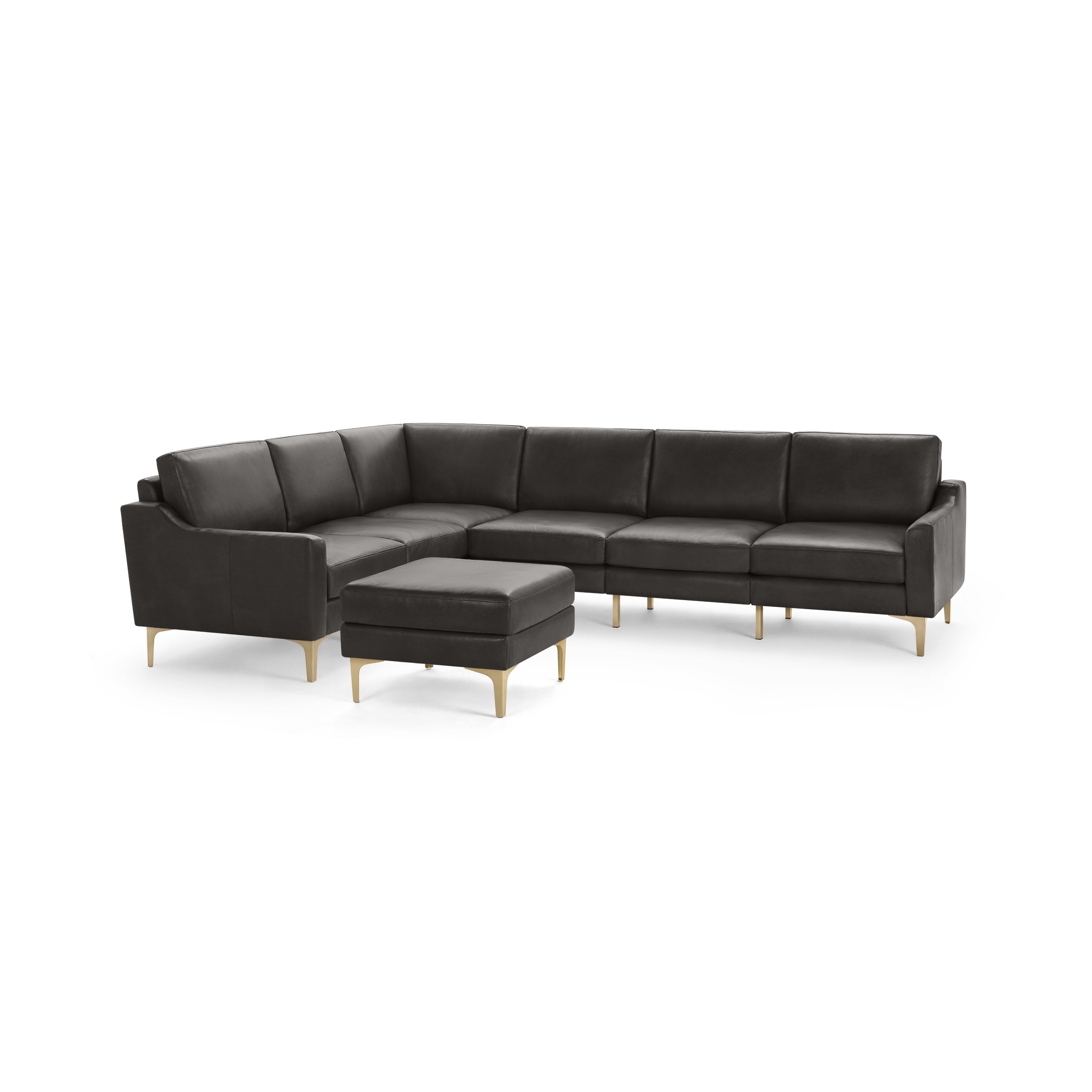 Dark gray leather L-shaped sectional sofa with matching ottoman and sleek gold legs, modern design.