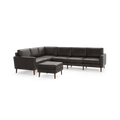 Dark gray leather L-shaped sectional sofa with wooden legs and matching square ottoman, modern, sleek design.