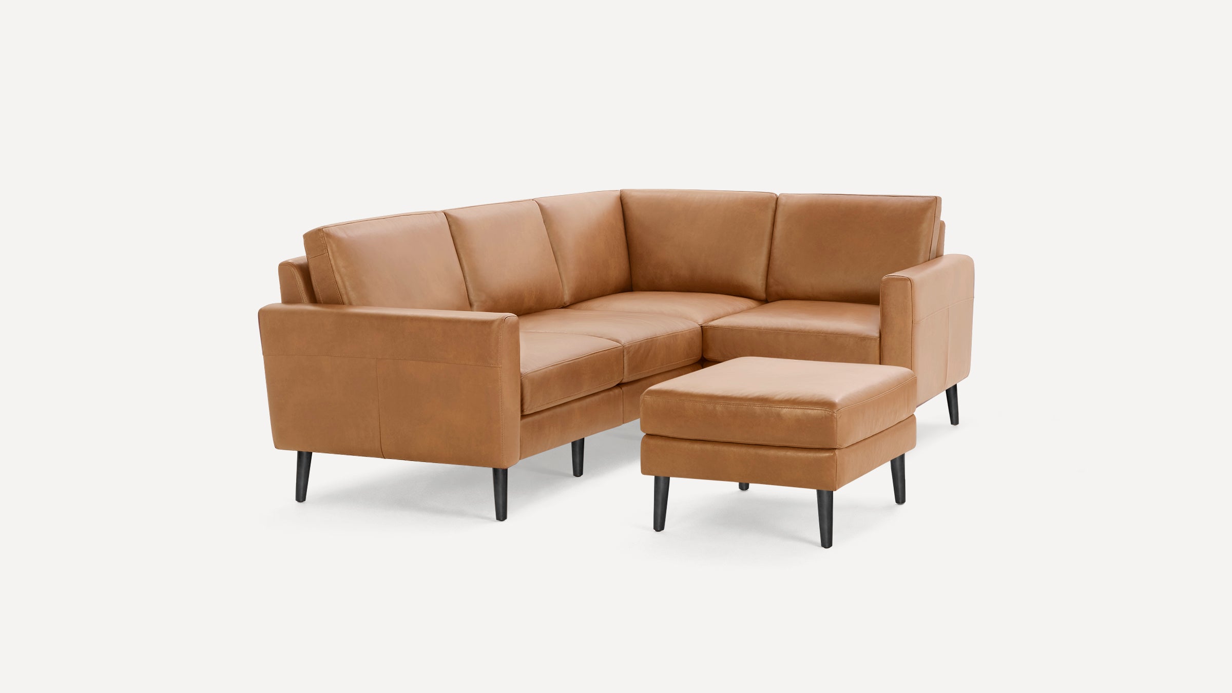 Nomad Plus Leather 4-Seat Corner Sectional with Ottoman - Camel - Top Grain Leather / Ebony - Wood / Block Arm