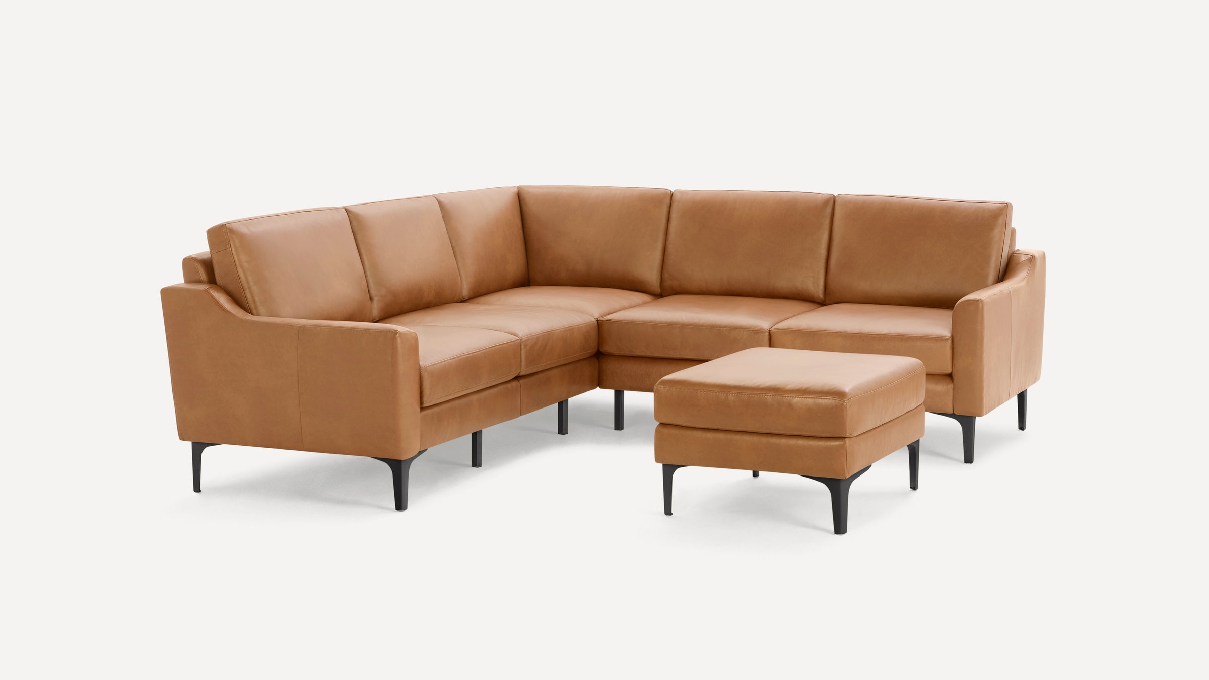 Nomad Plus Leather 5-Seat Corner Sectional with Ottoman - Camel - Top Grain Leather / Black - Metal / Slope Arm
