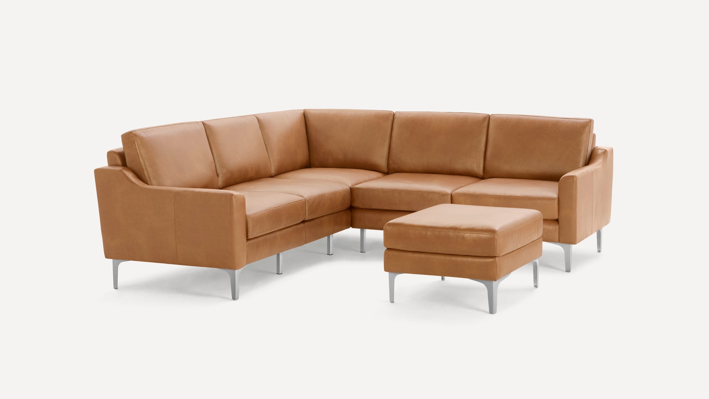 Nomad Plus Leather 5-Seat Corner Sectional with Ottoman - Camel - Top Grain Leather / Chrome - Metal / Slope Arm