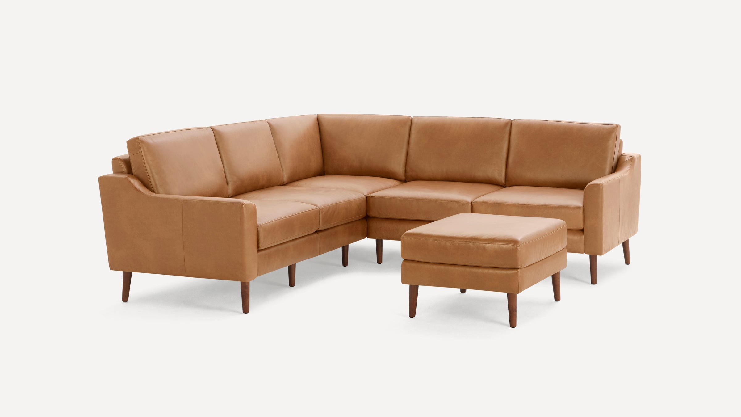 Nomad Plus Leather 5-Seat Corner Sectional with Ottoman - Camel - Top Grain Leather / Walnut - Wood / Slope Arm