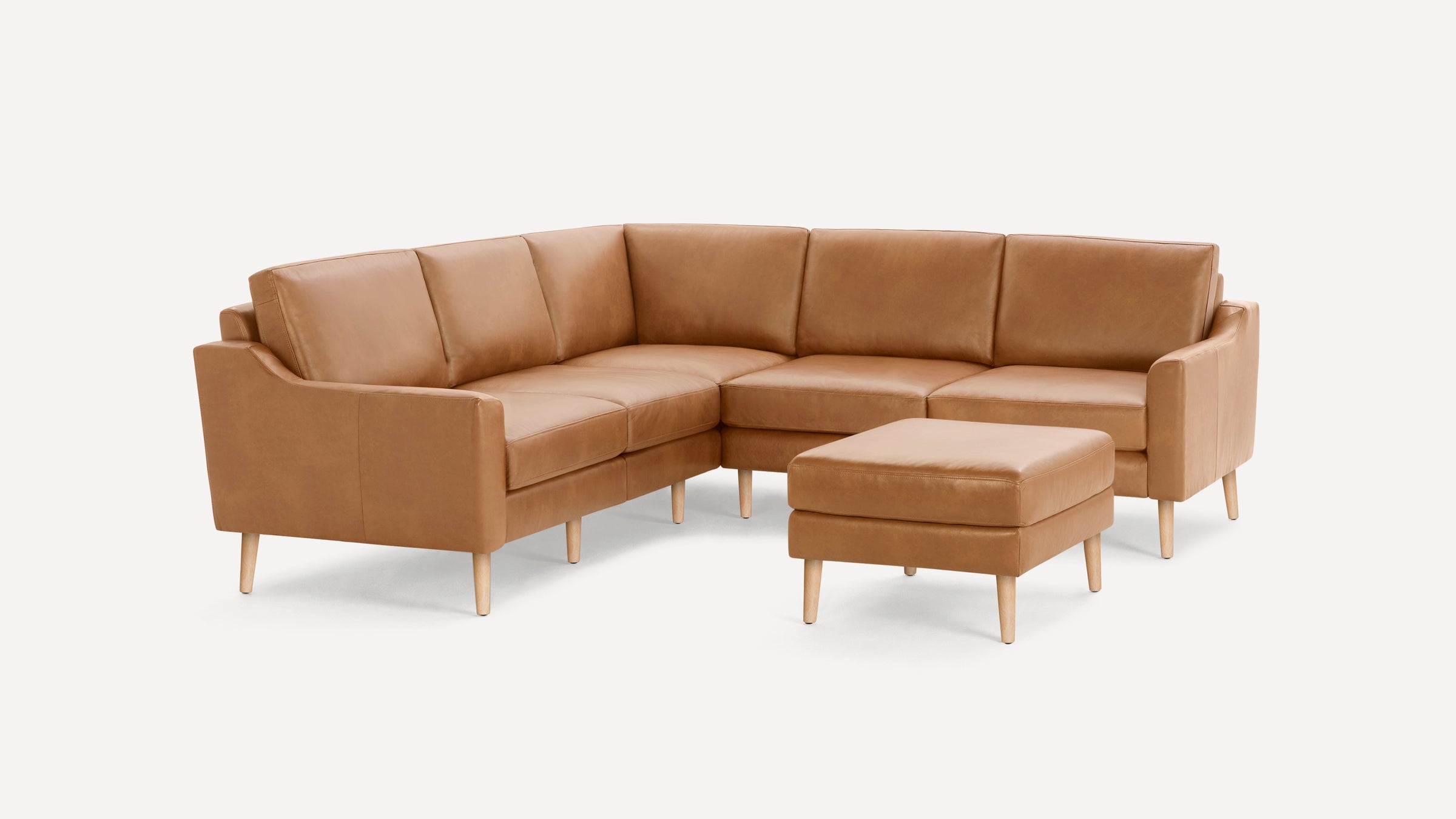 Nomad Plus Leather 5-Seat Corner Sectional with Ottoman - Camel - Top Grain Leather / Oak - Wood / Slope Arm