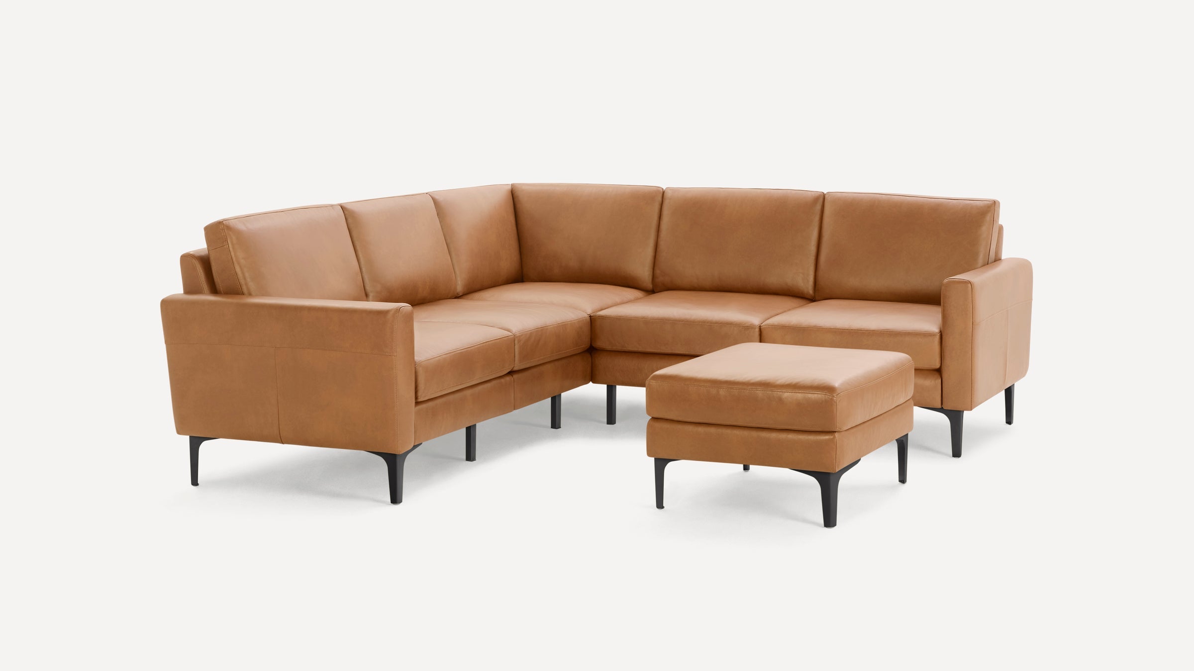 Nomad Plus Leather 5-Seat Corner Sectional with Ottoman - Camel - Top Grain Leather / Black - Metal / Block Arm