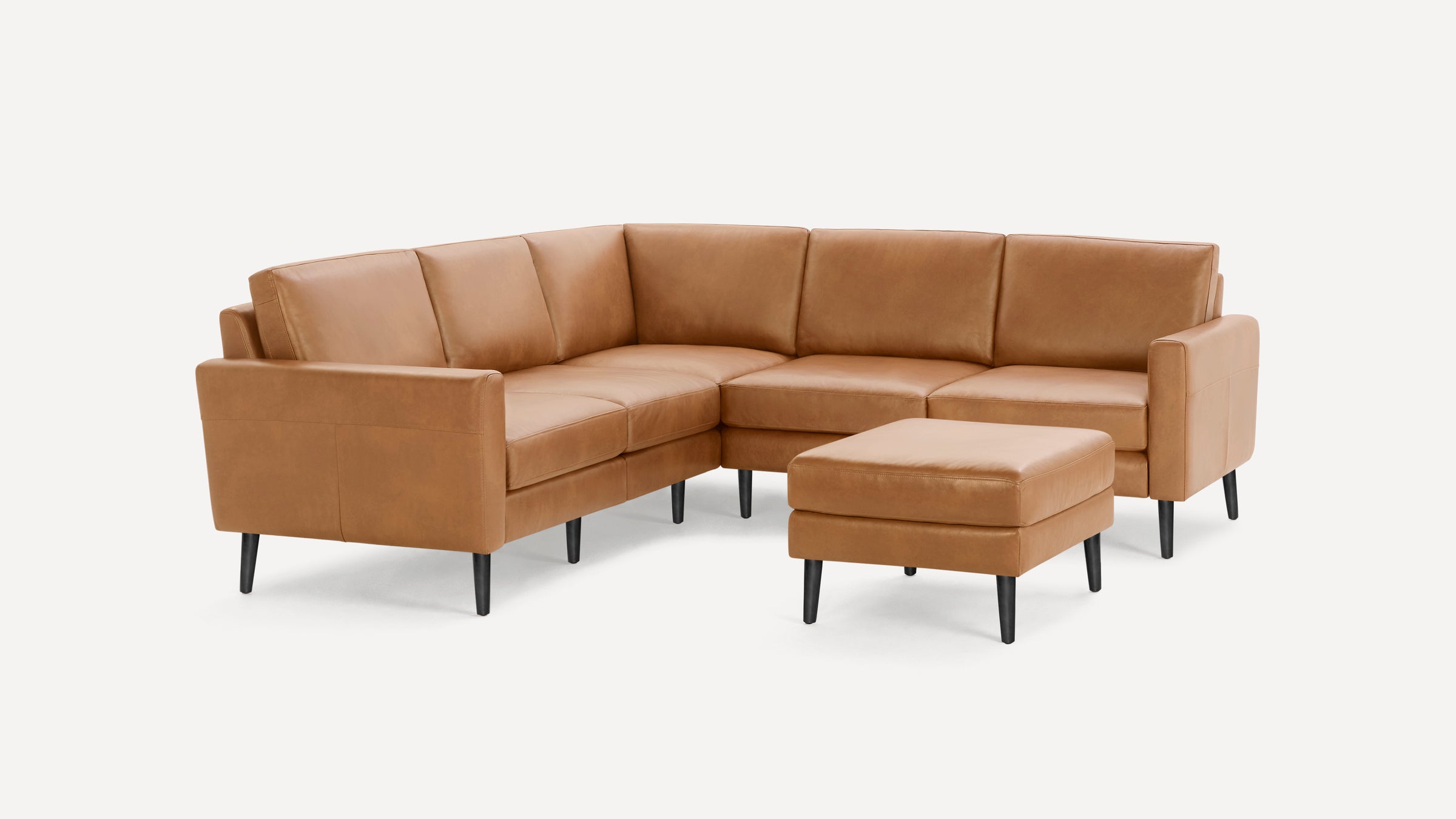 Nomad Plus Leather 5-Seat Corner Sectional with Ottoman - Camel - Top Grain Leather / Ebony - Wood / Block Arm