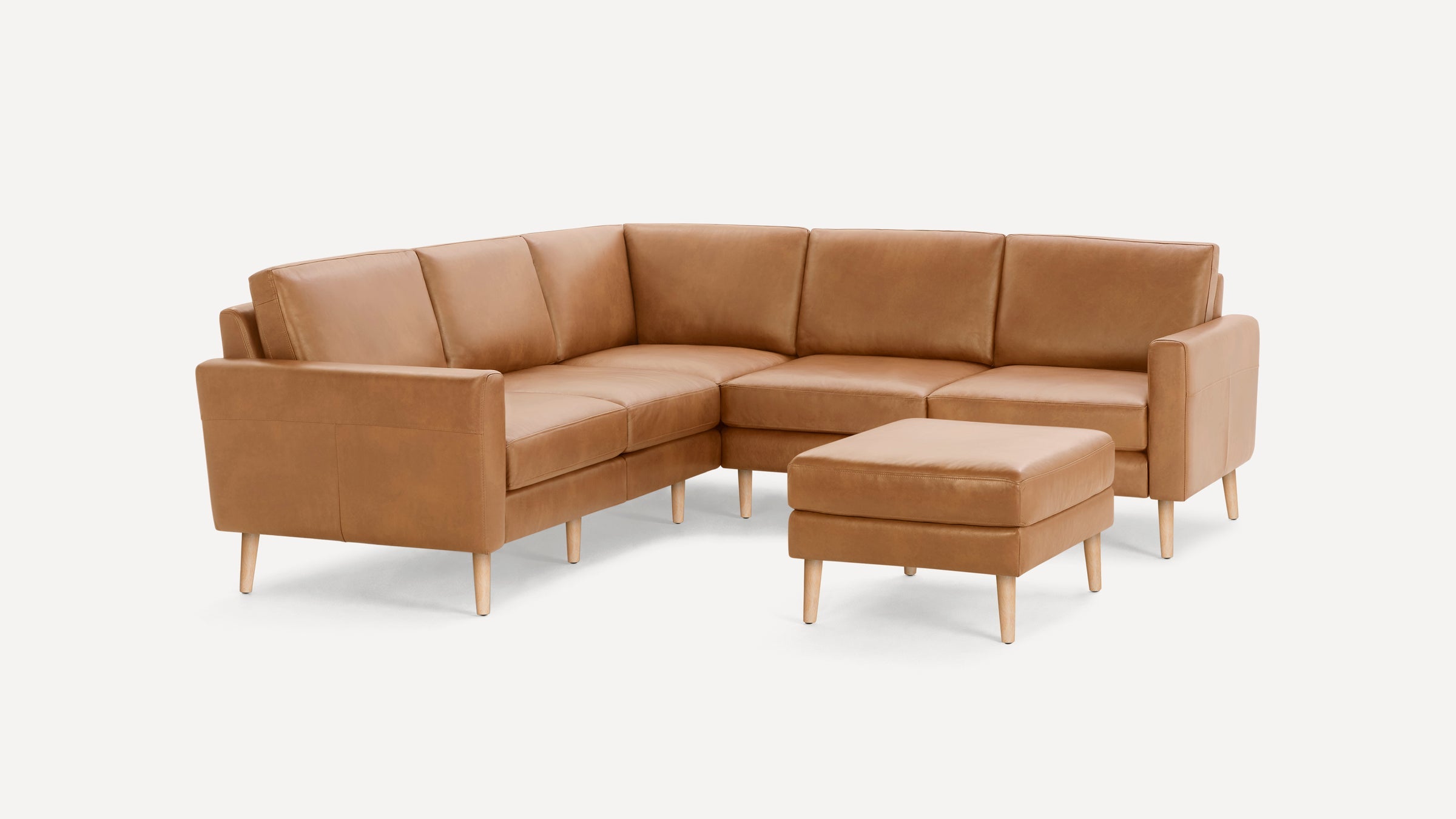 Nomad Plus Leather 5-Seat Corner Sectional with Ottoman - Camel - Top Grain Leather / Oak - Wood / Block Arm