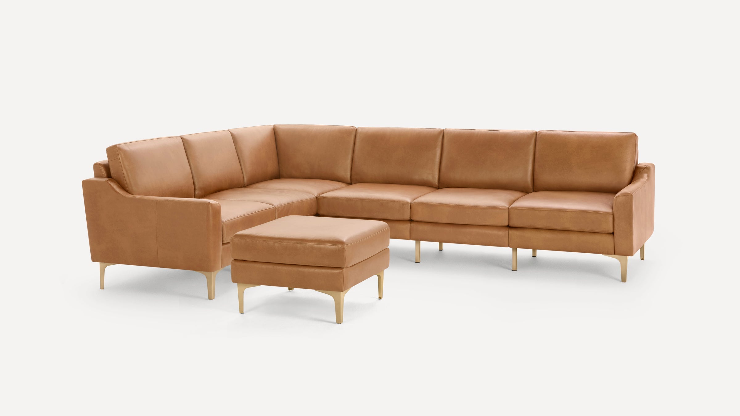 Nomad Plus Leather 6-Seat Corner Sectional with Ottoman - Camel - Top Grain Leather / Brass - Metal / Slope Arm