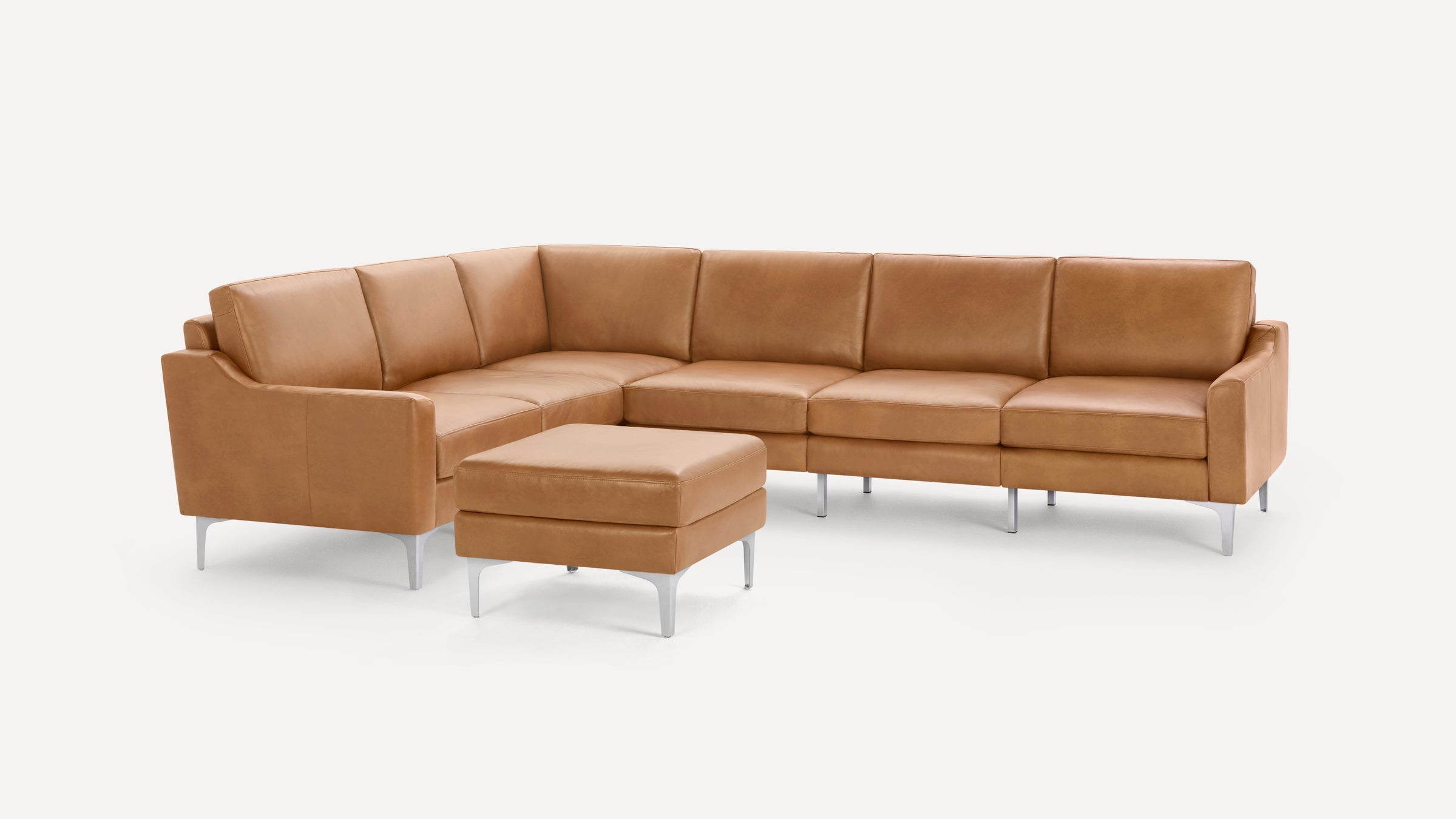 Nomad Plus Leather 6-Seat Corner Sectional with Ottoman - Camel - Top Grain Leather / Chrome - Metal / Slope Arm