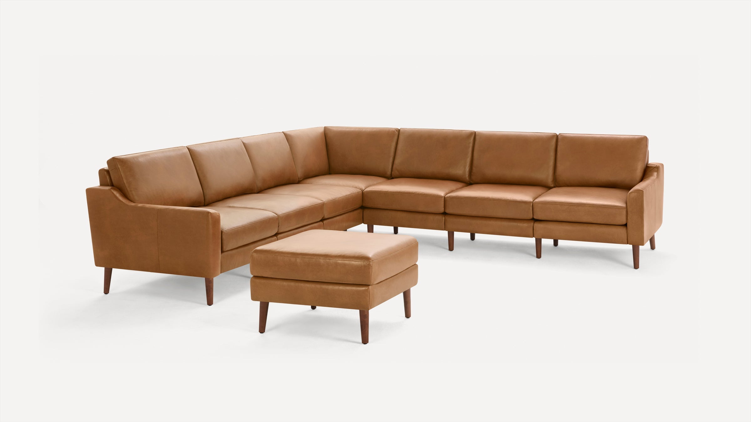 Nomad Plus Leather 7-Seat Corner Sectional with Ottoman - Camel - Top Grain Leather / Walnut - Wood / Slope Arm
