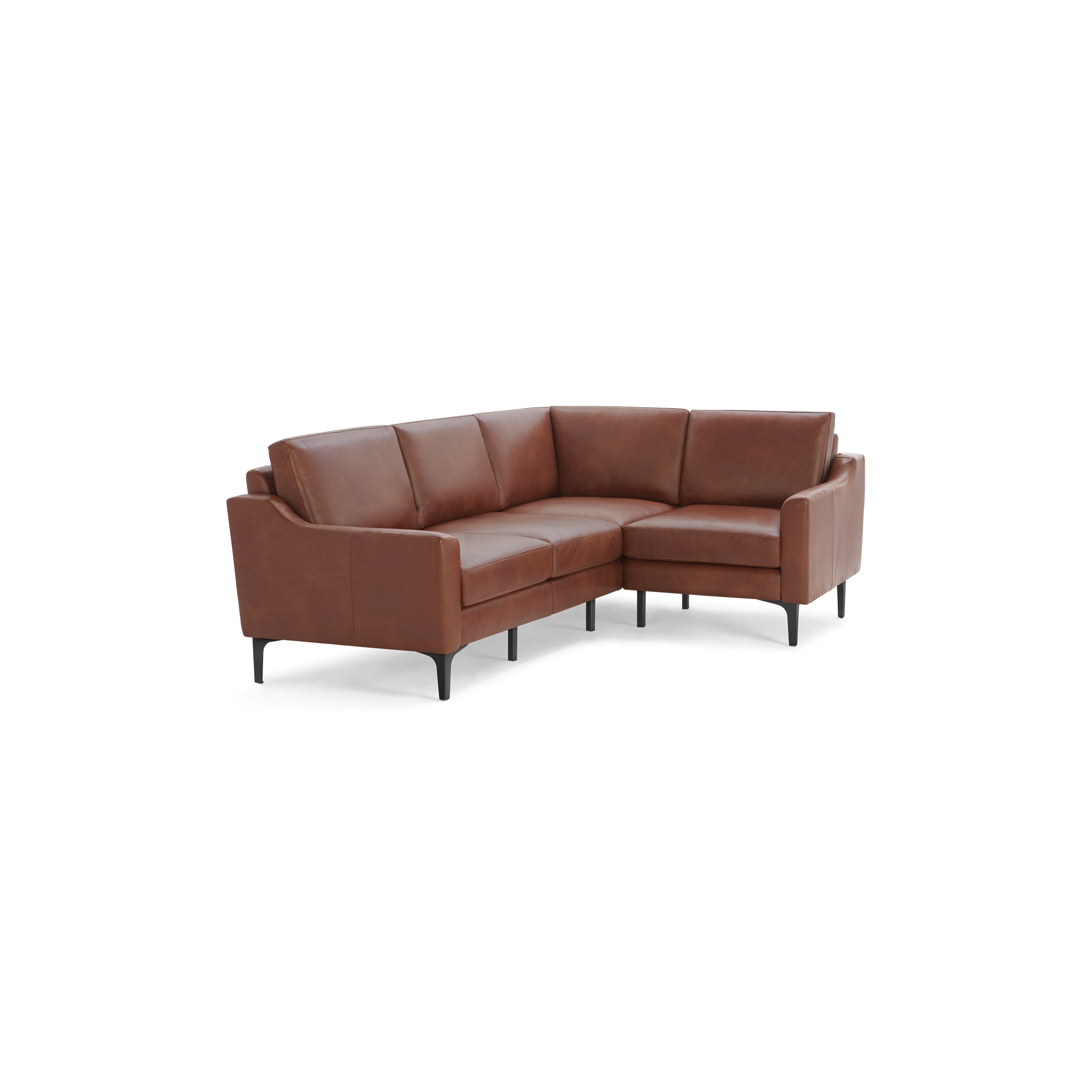 Modern L-shaped sectional sofa upholstered in rich brown leather with sleek black metal legs, featuring padded cushions and armrests.