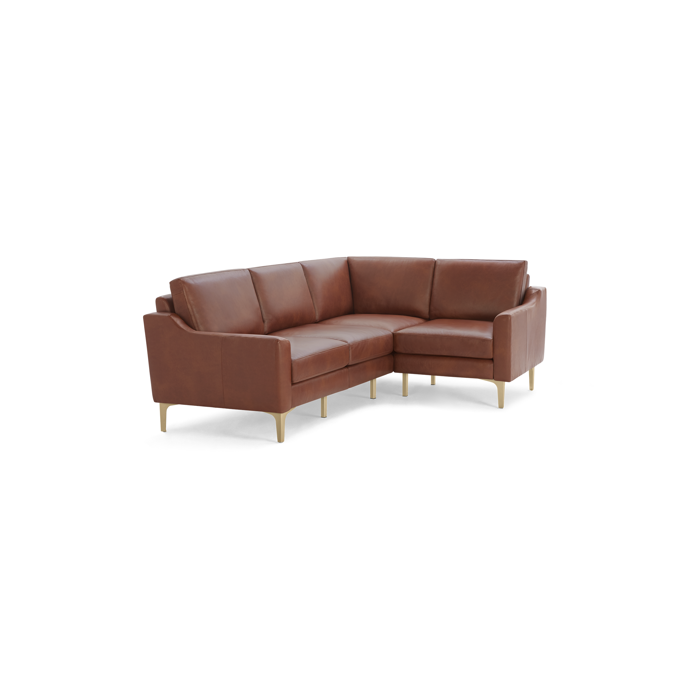 Brown leather L-shaped sectional sofa with sleek, modern design and slim, gold-colored legs.