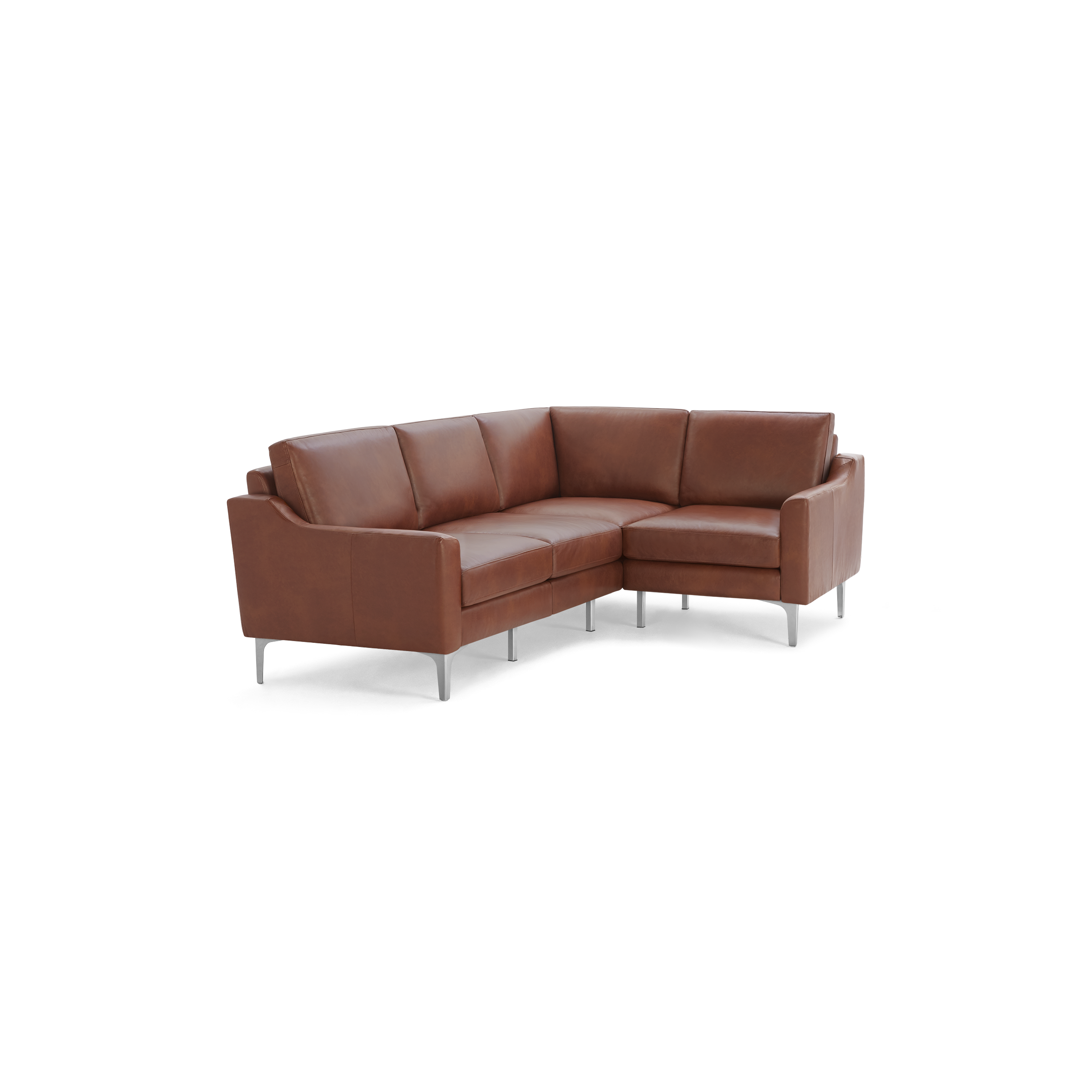 Modern L-shaped sectional sofa in rich brown leather with sleek metal legs, featuring three seat cushions and backrests.