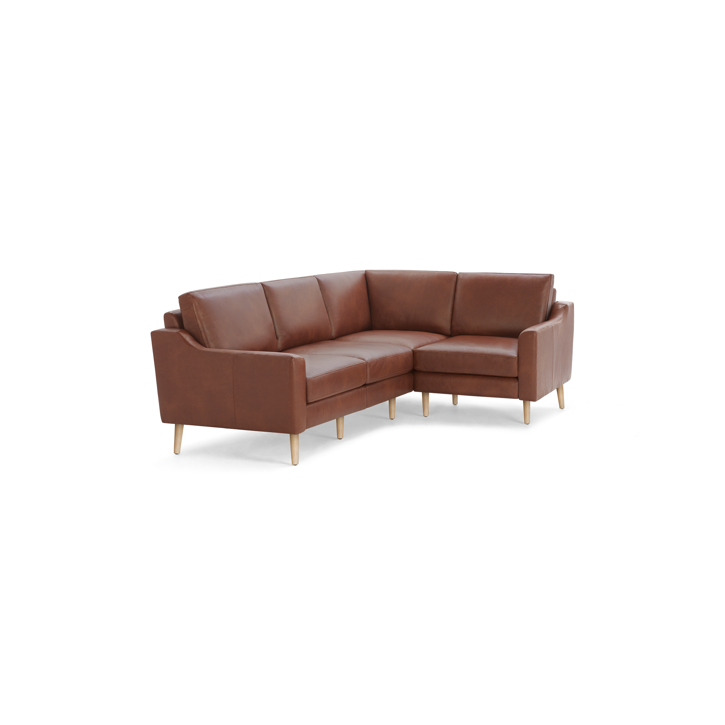 Brown leather L-shaped sectional sofa with wooden legs, plush cushions, and modern clean lines.