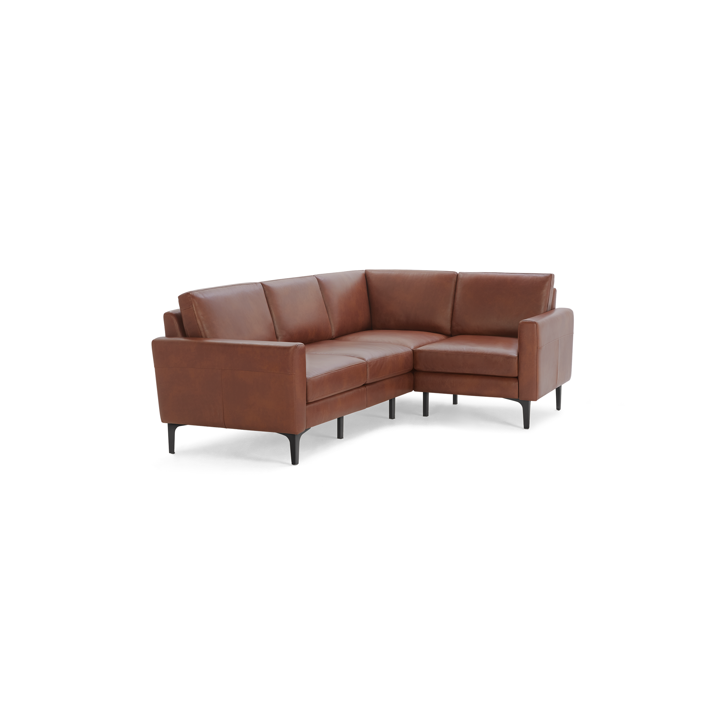 L-shaped sectional sofa upholstered in rich brown leather with clean lines, modern design, and black metal legs.