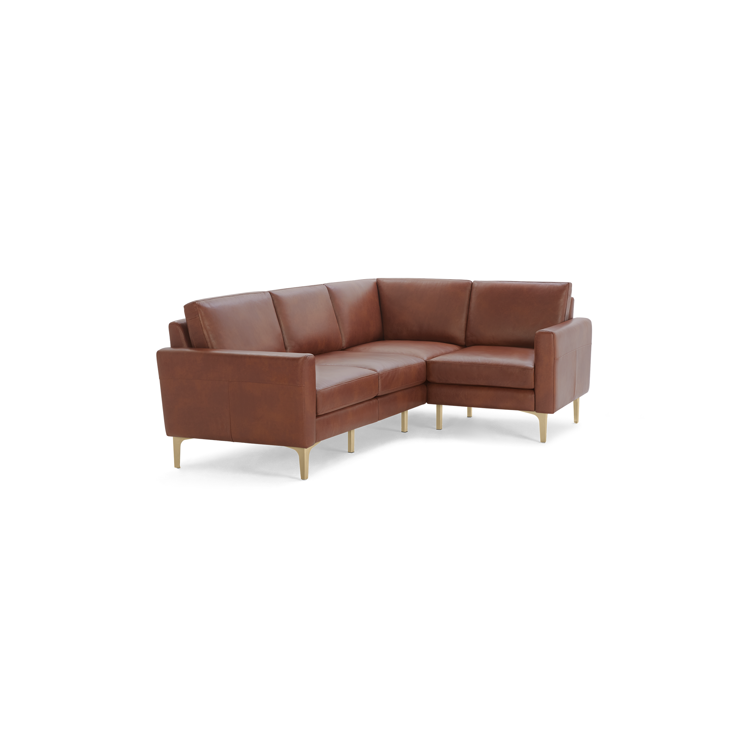 Modern L-shaped sectional sofa in brown leather with clean lines and slim, light-colored legs, designed for corner seating.