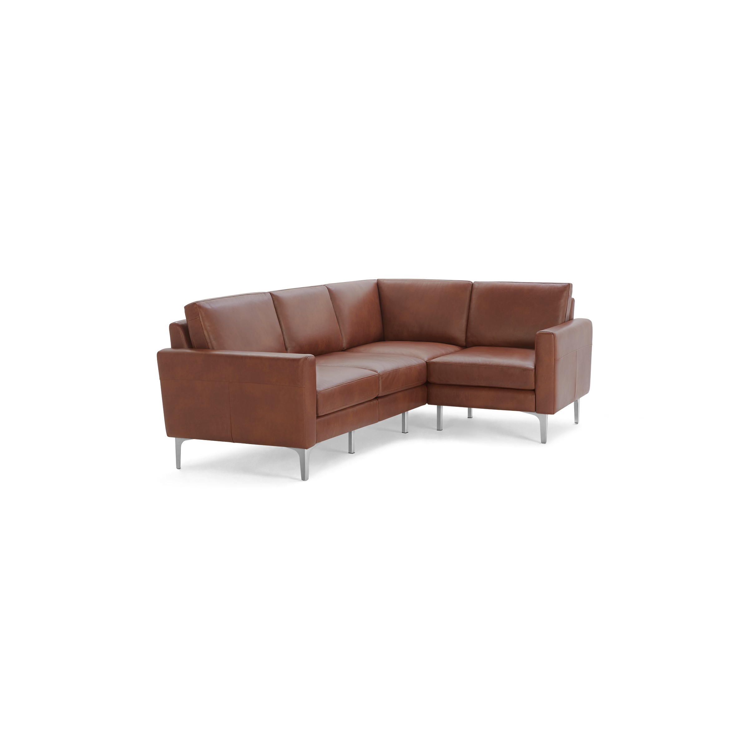 Modern brown leather L-shaped sectional sofa with metal legs and cushioned seats and backrests.