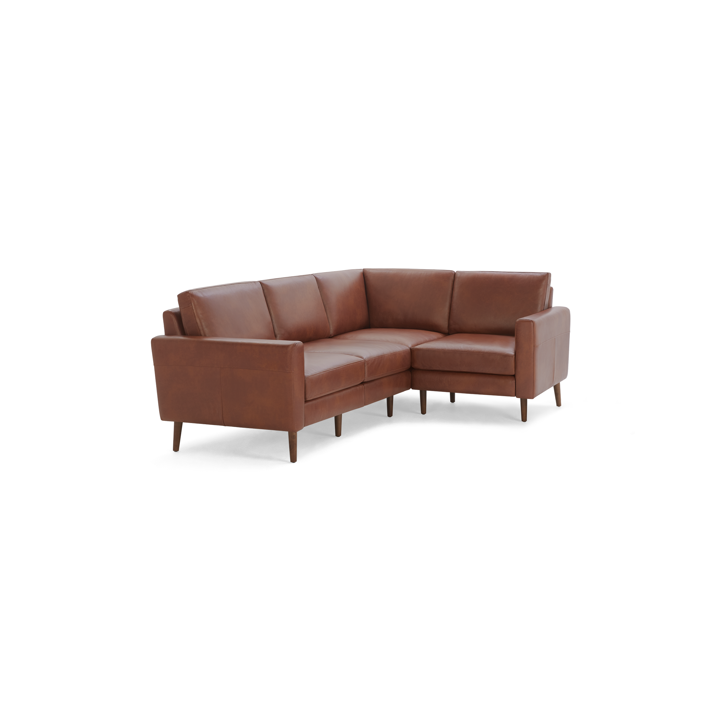 Brown leather sectional sofa with wooden legs, featuring clean lines and a modern, minimalist design.