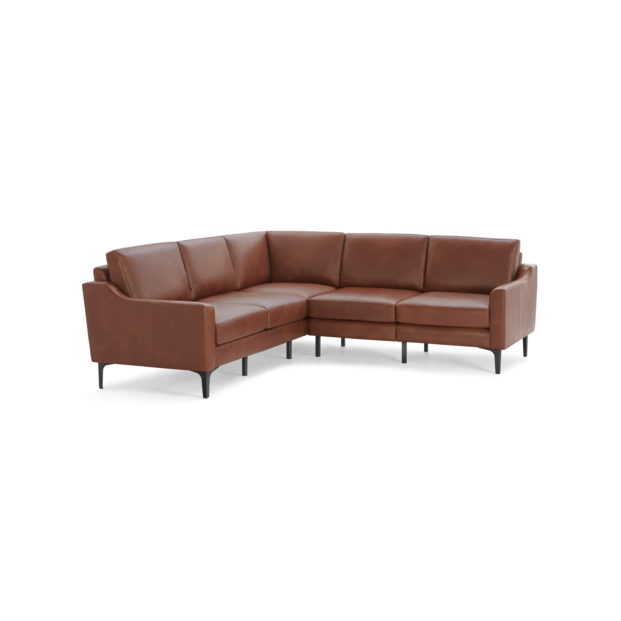 Brown leather L-shaped sectional sofa with sleek, modern design and thin black metal legs, seating six.