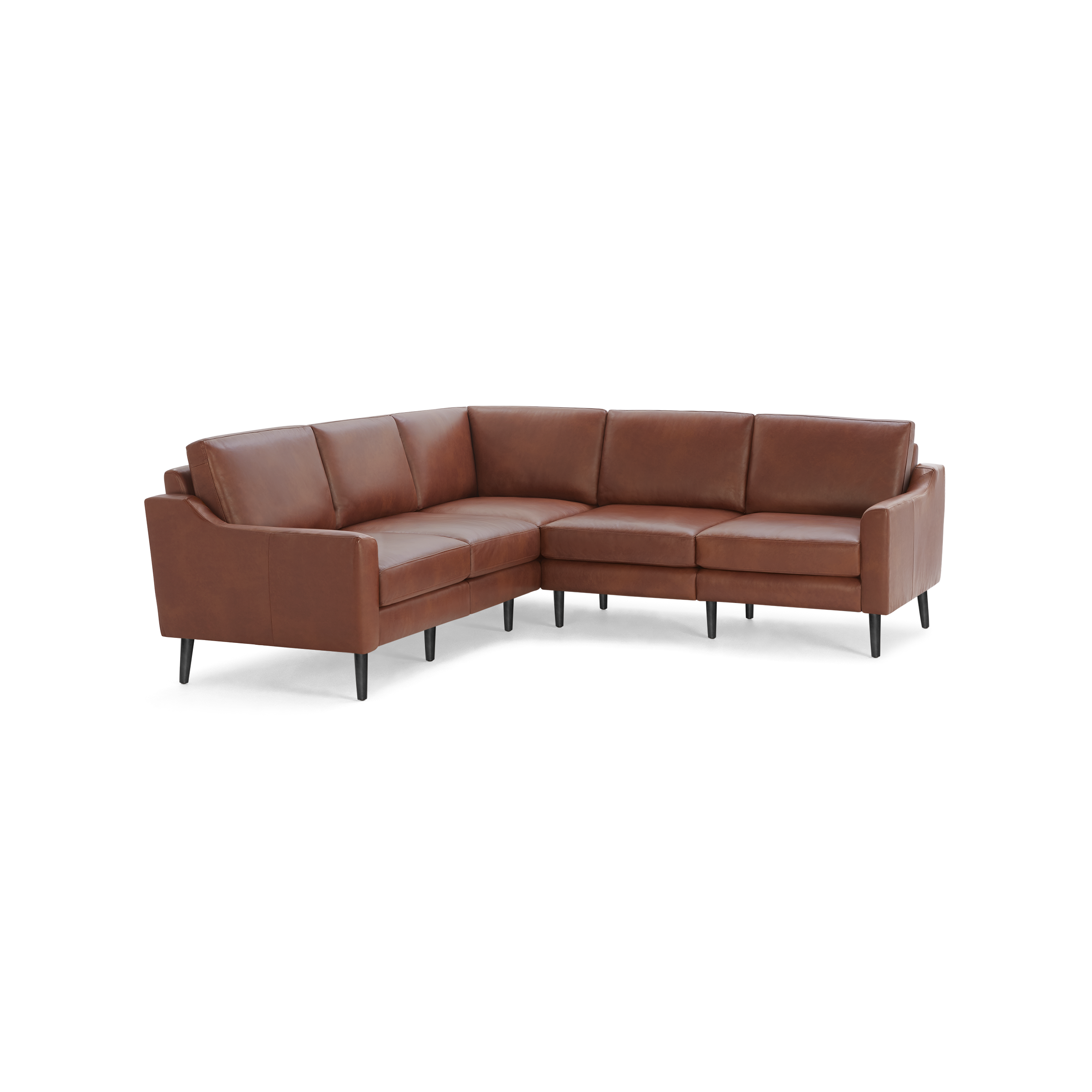 Brown leather sectional sofa with clean lines, cushioned seats, and black tapered legs, designed for modern living rooms.